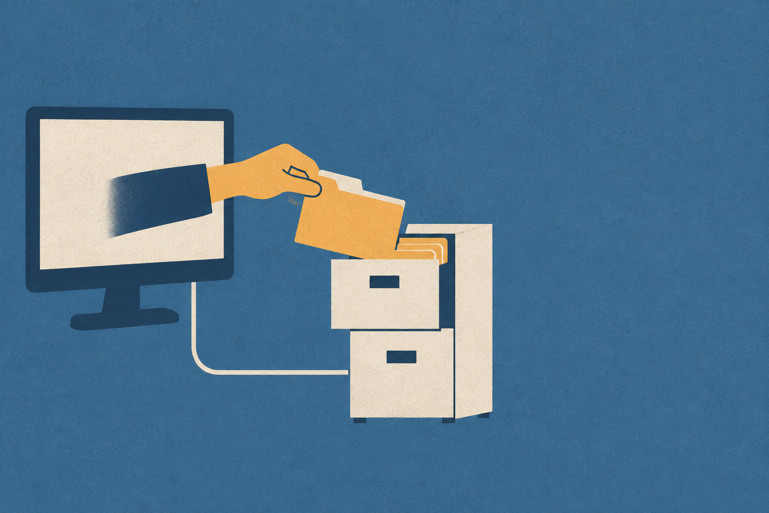 A monitor linked to a filing cabinet while a hand moves a folder between them