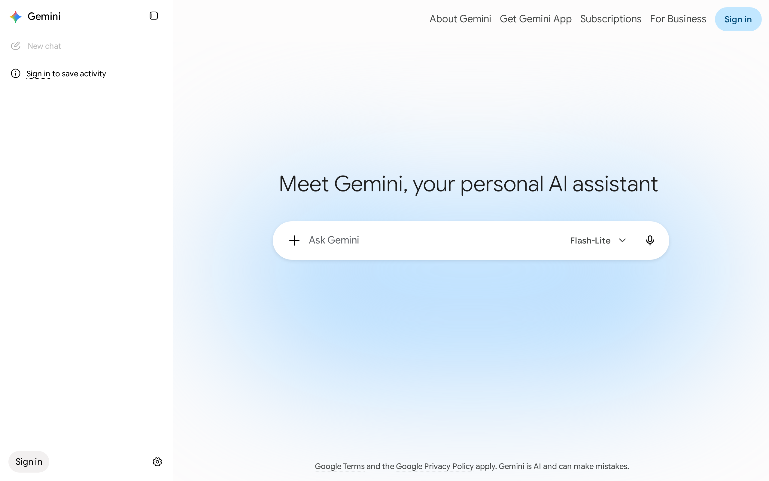 Gemini home page with a chat box and Google branding