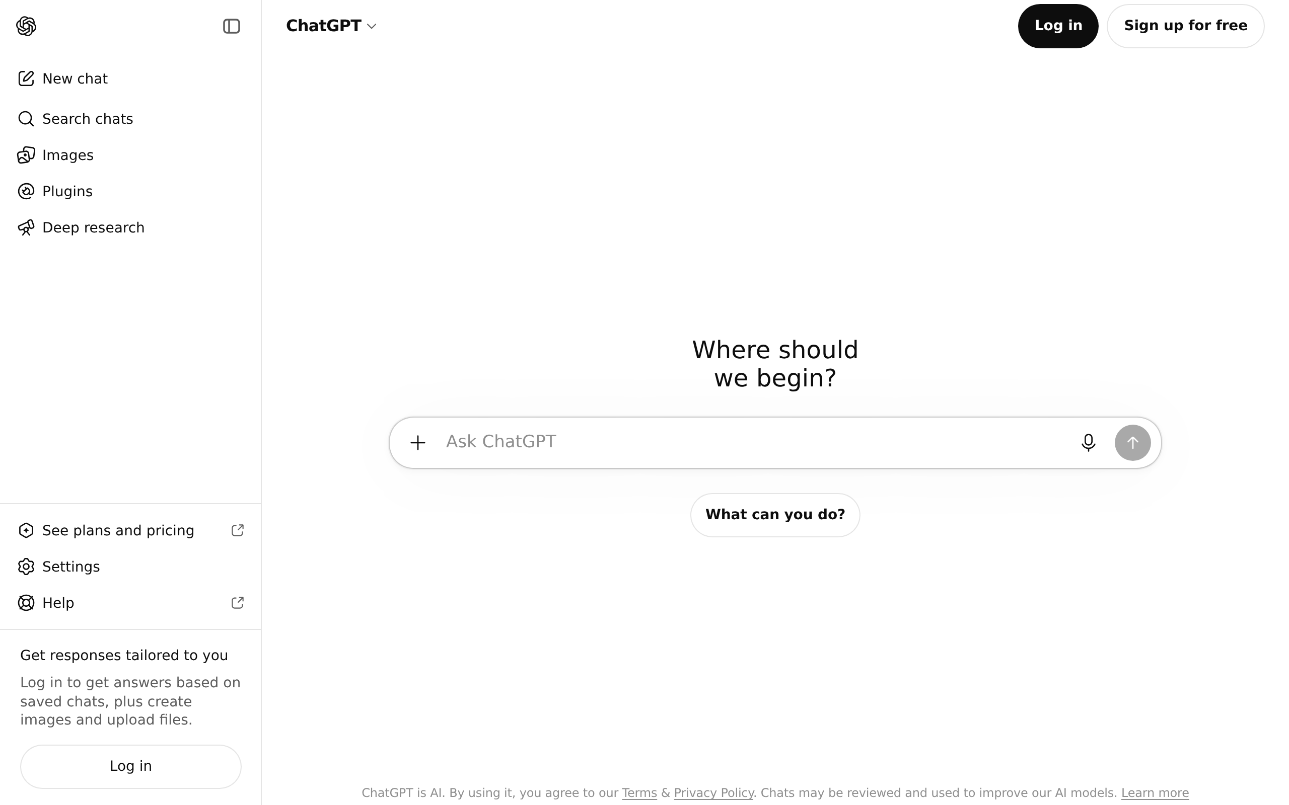 ChatGPT home page with the main chat start screen.