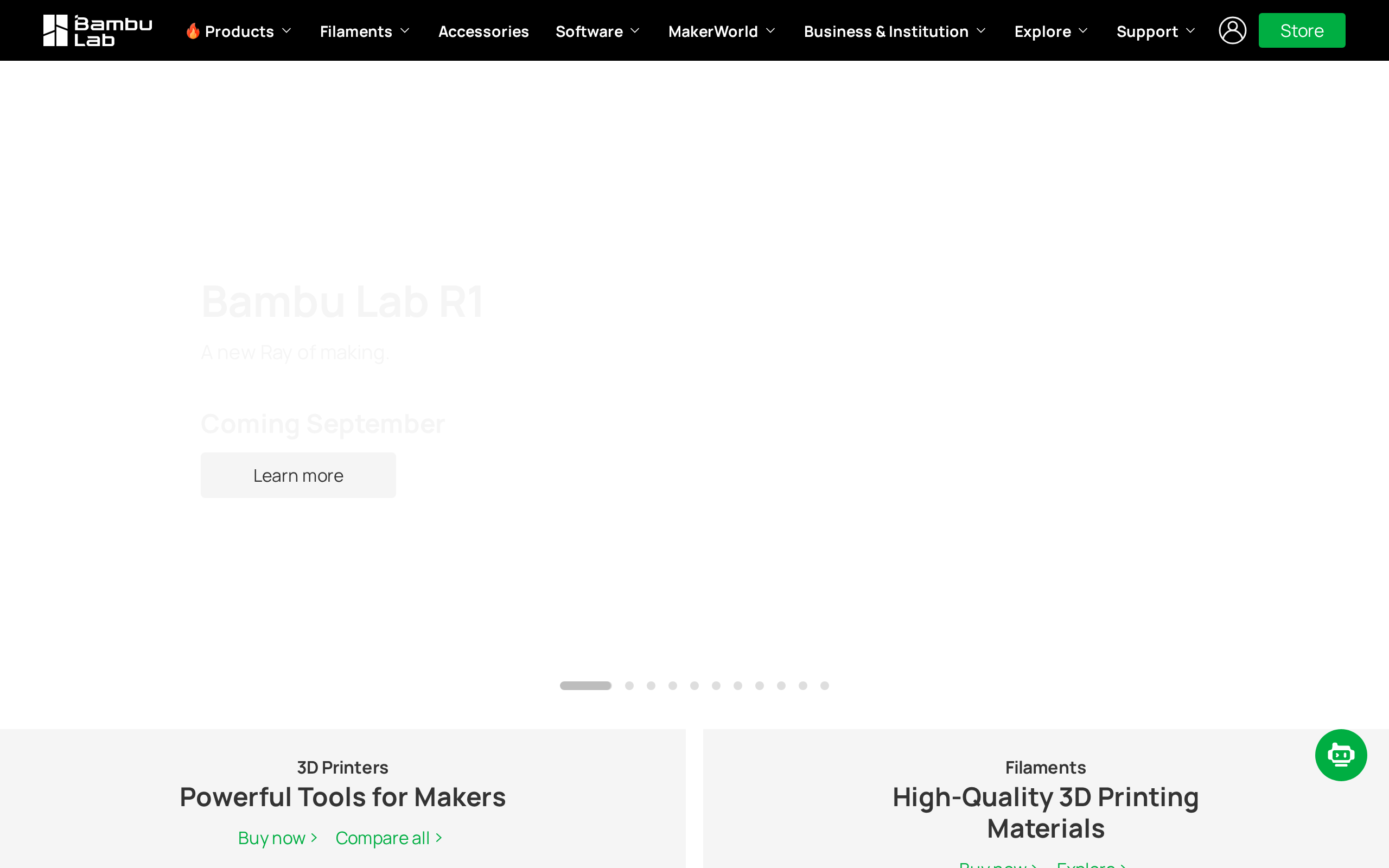 Bambu Lab home page showing desktop three-dimensional printers