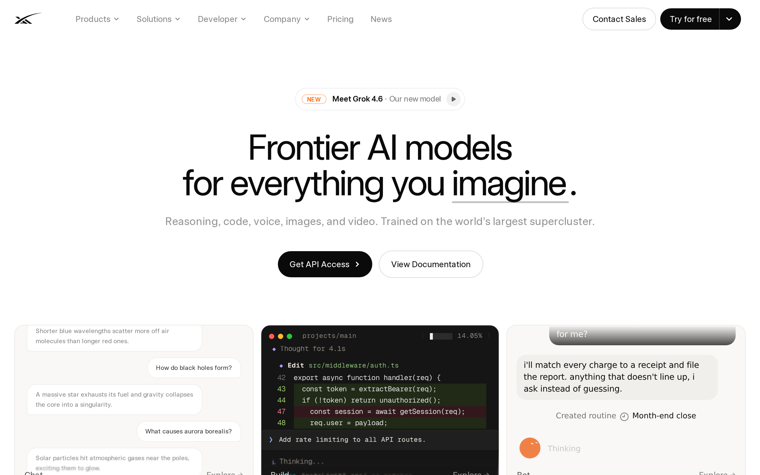 xAI home page with product and model information