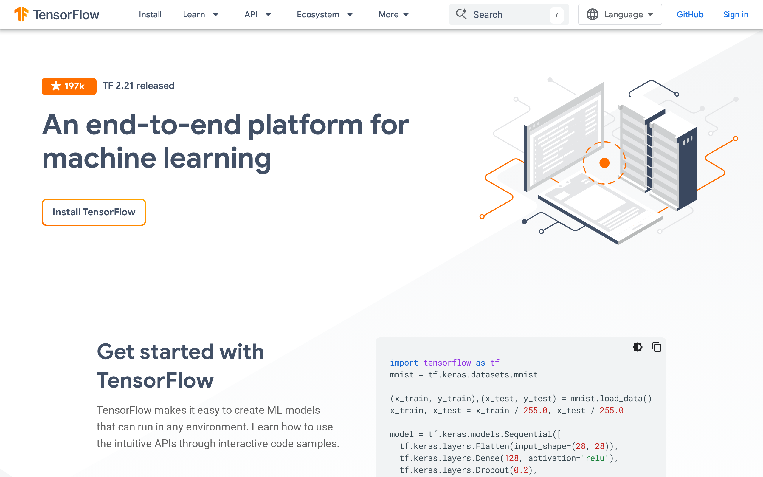 TensorFlow homepage with navigation and featured resources