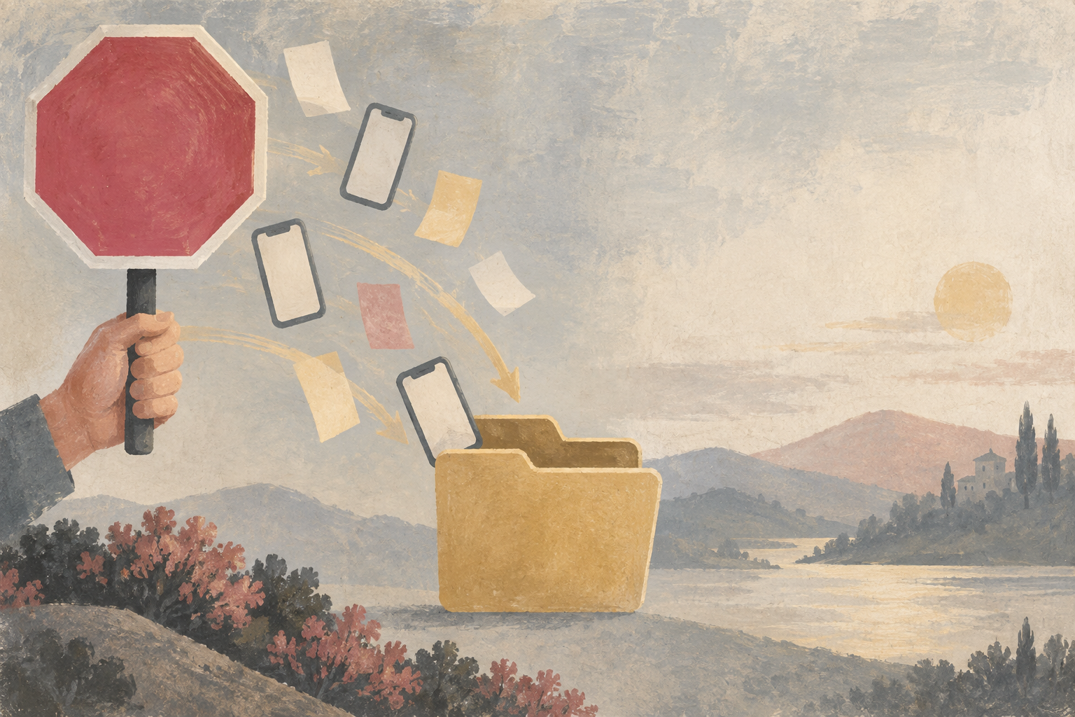 Phone notes flow toward a shared folder beside a hand holding a stop sign.