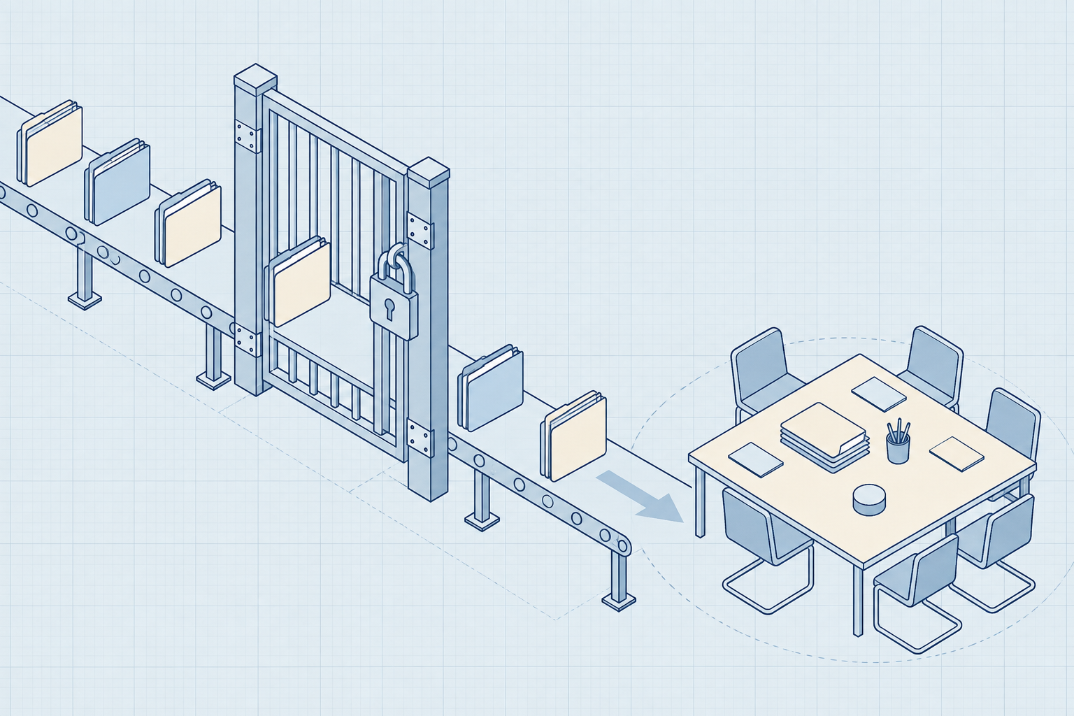 Project folders crossing a locked boundary toward a team table