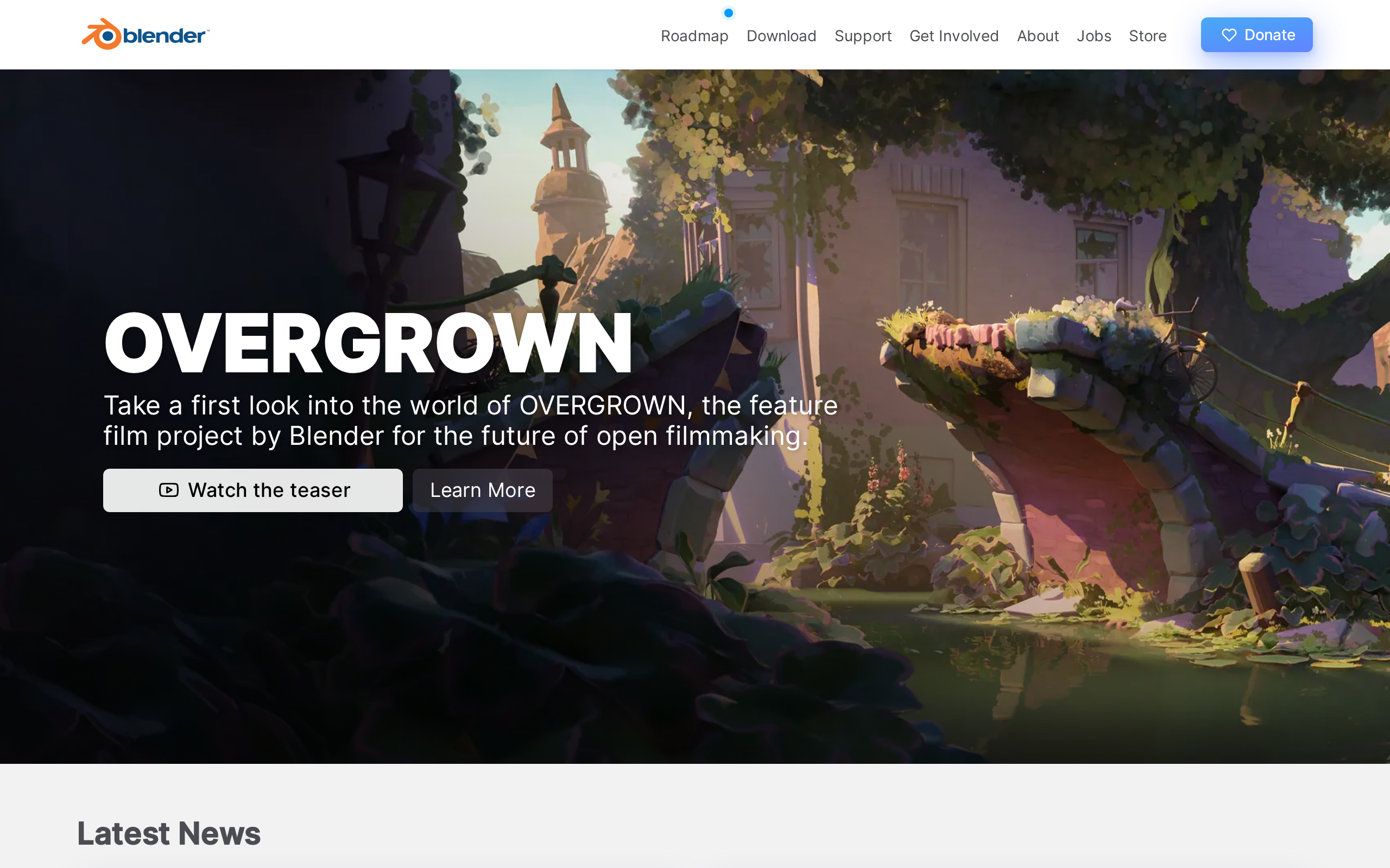 Blender home page with information about its 3D creation software