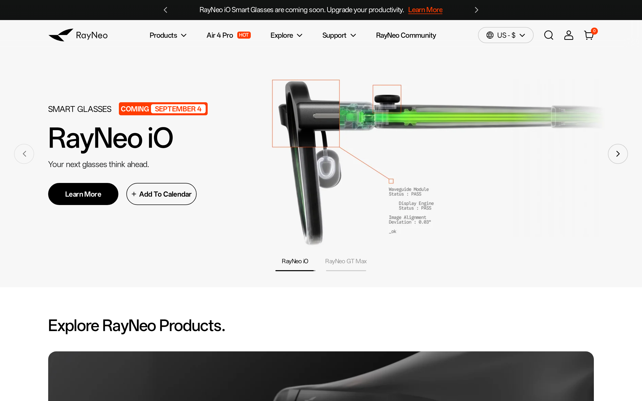RayNeo homepage showing smart glasses and product navigation.