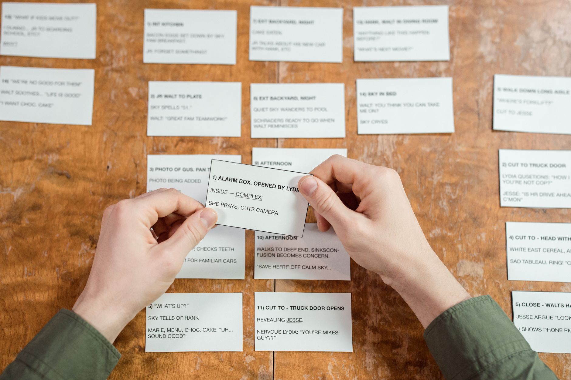 Hands sorting index cards into groups