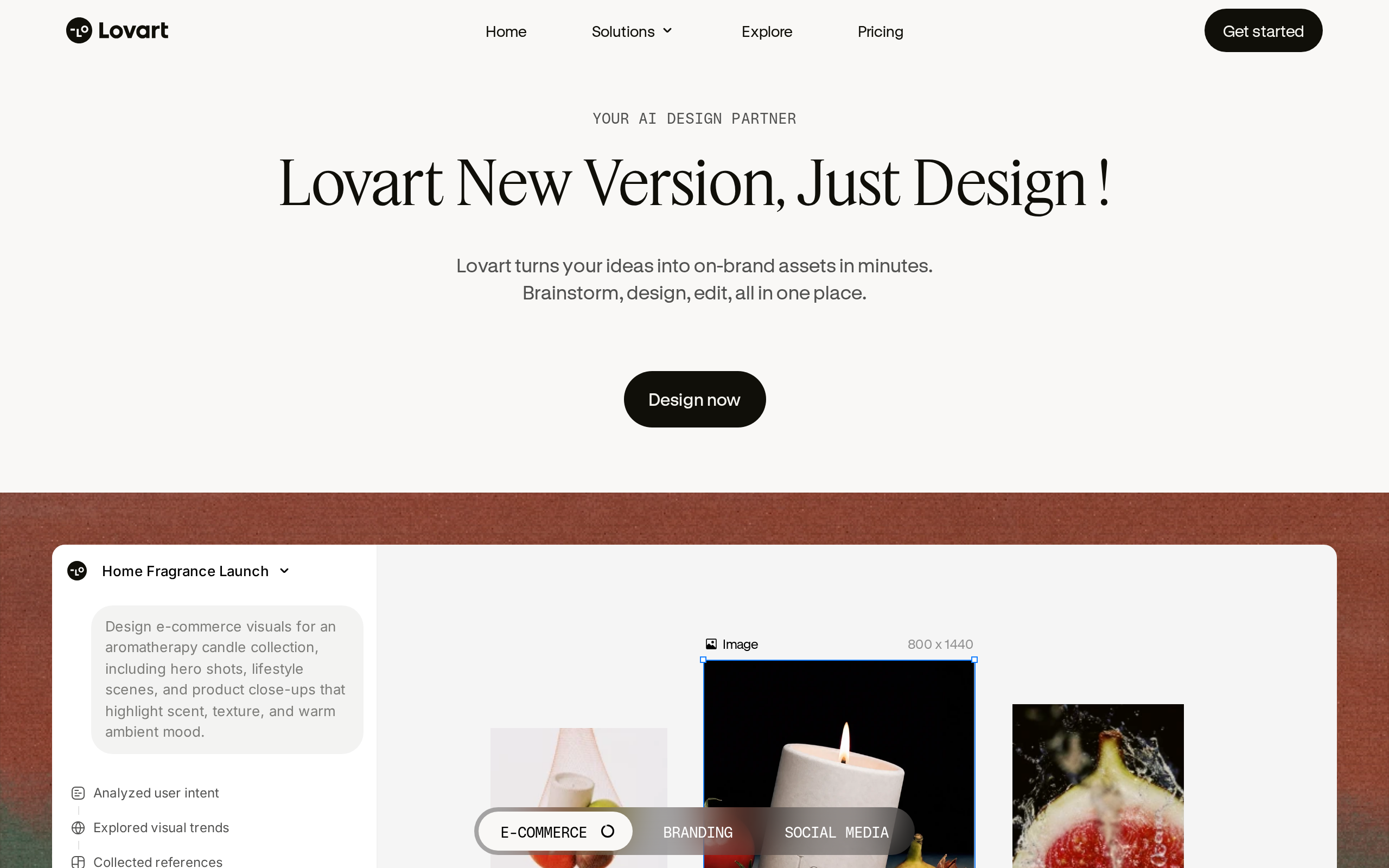 Lovart home page with a design agent workspace and product links.