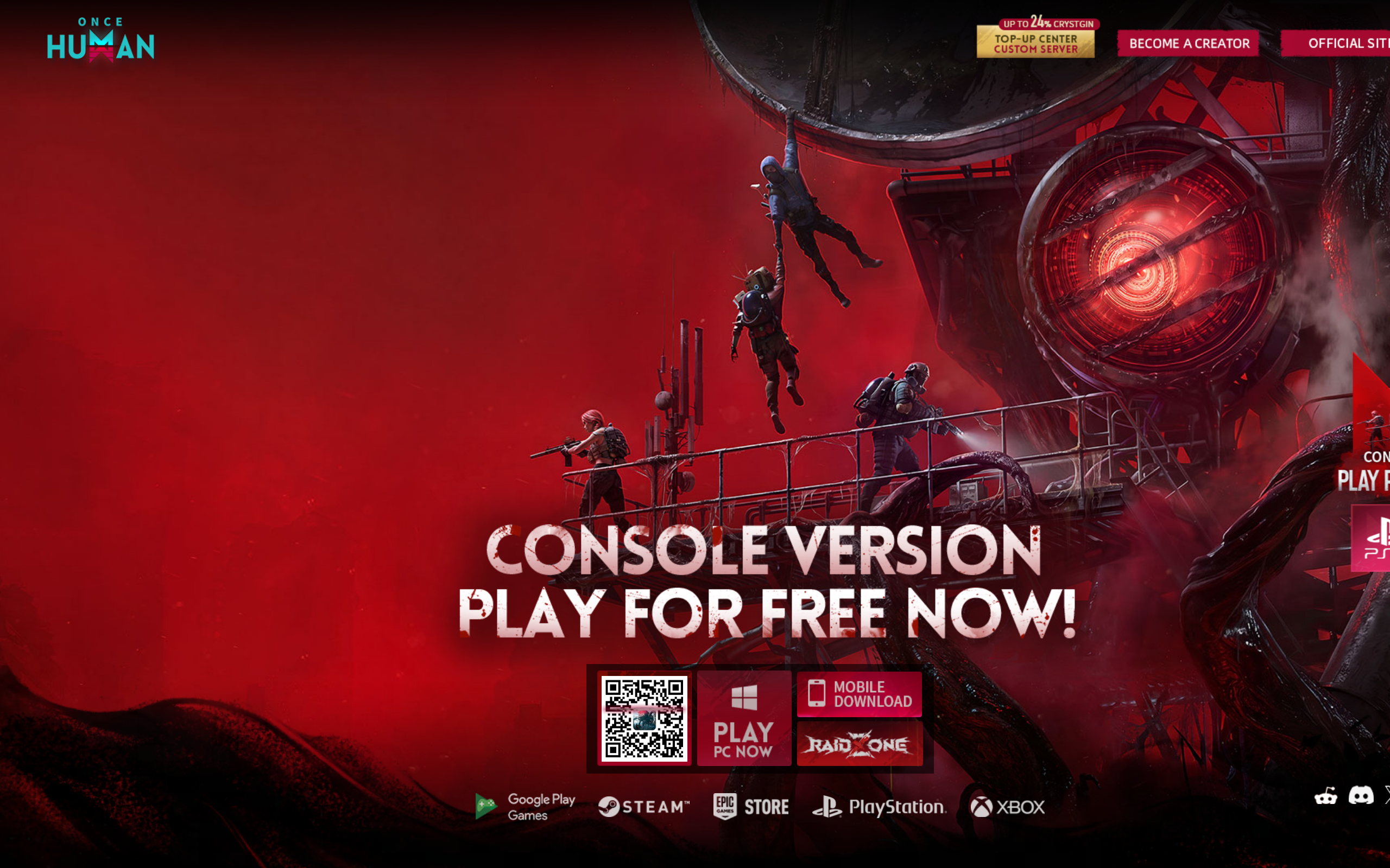 Once Human game home page with promotional artwork and information about the game.