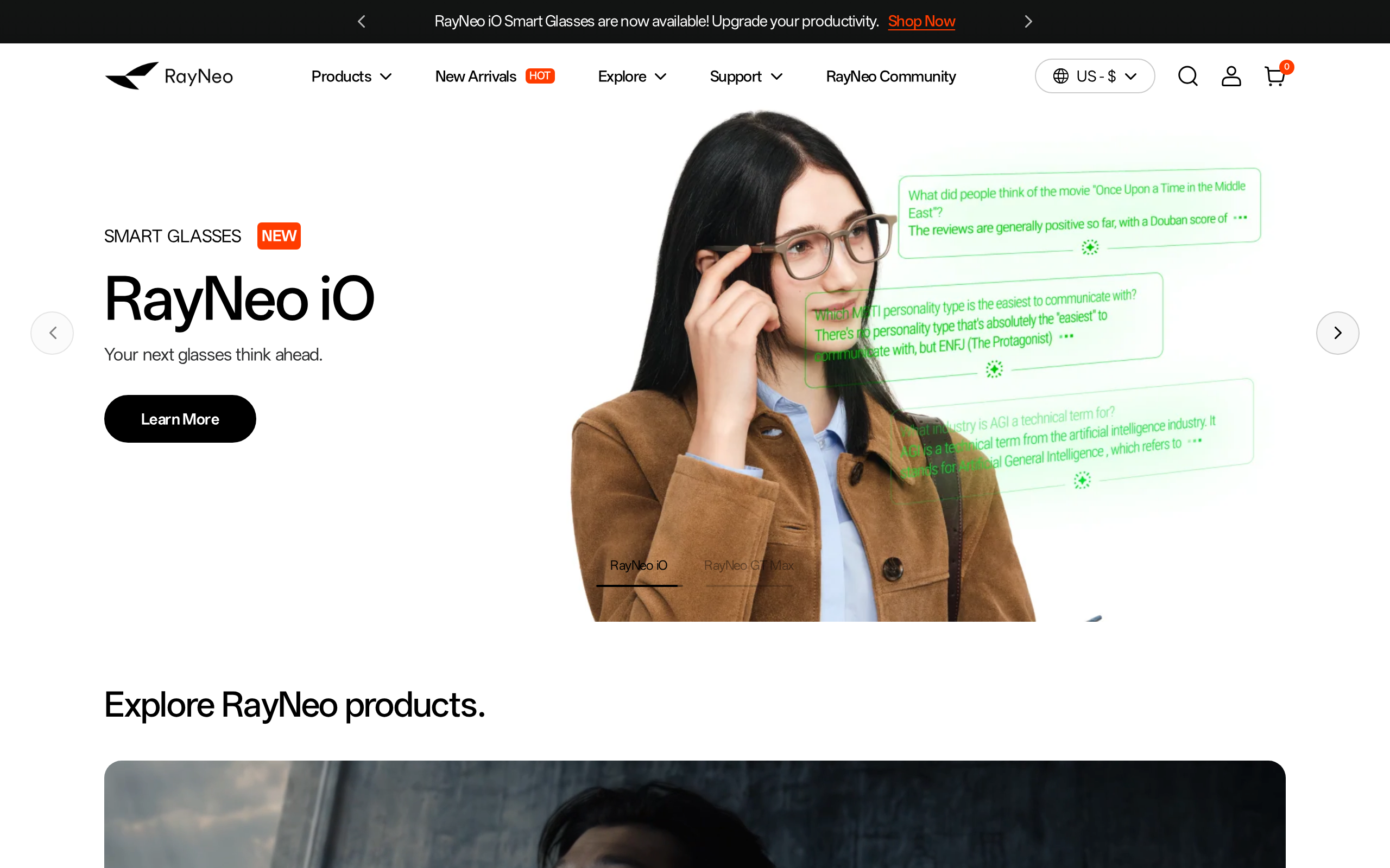 RayNeo home page showing smart-glasses products