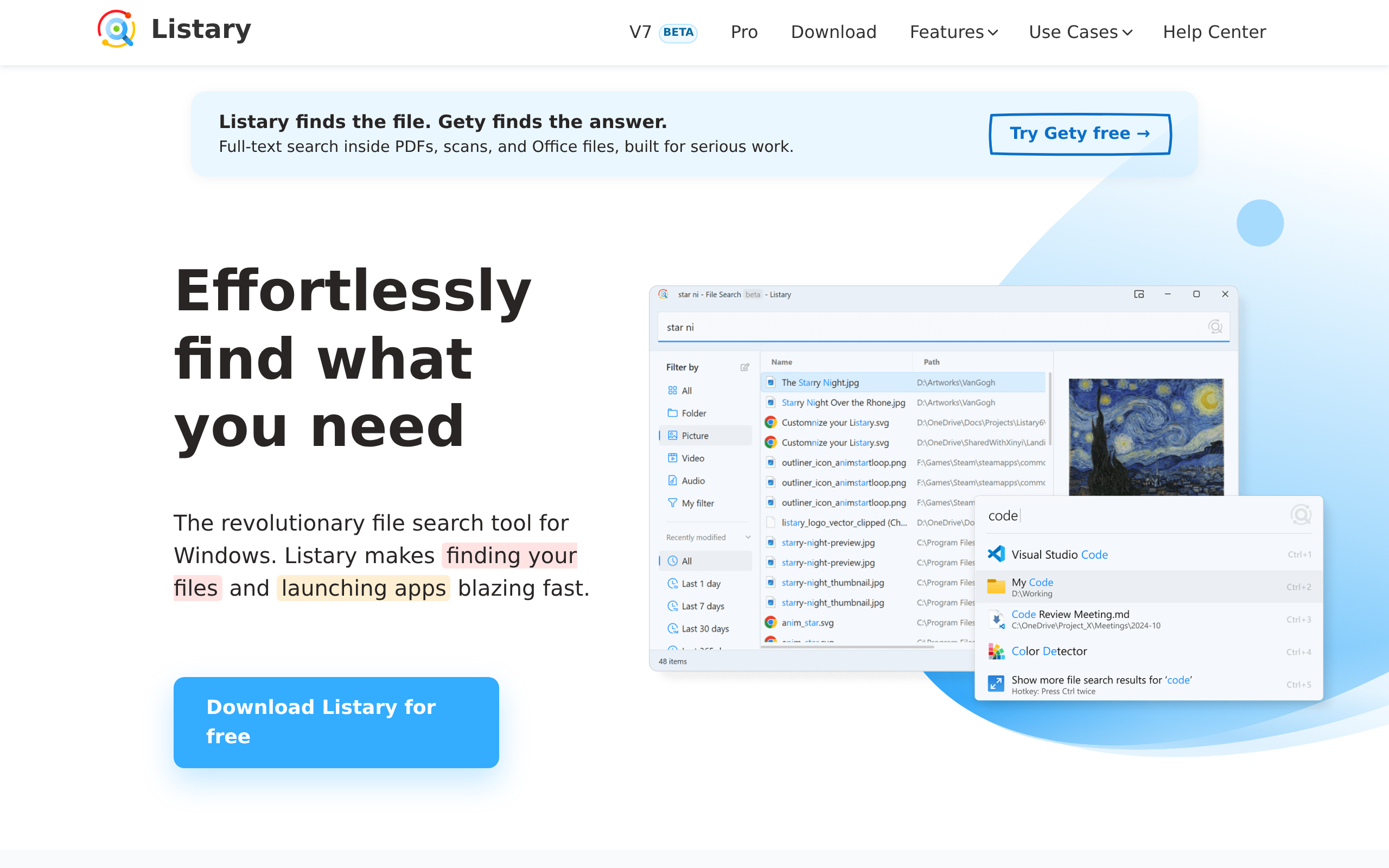 Listary home page showing search and file launcher features
