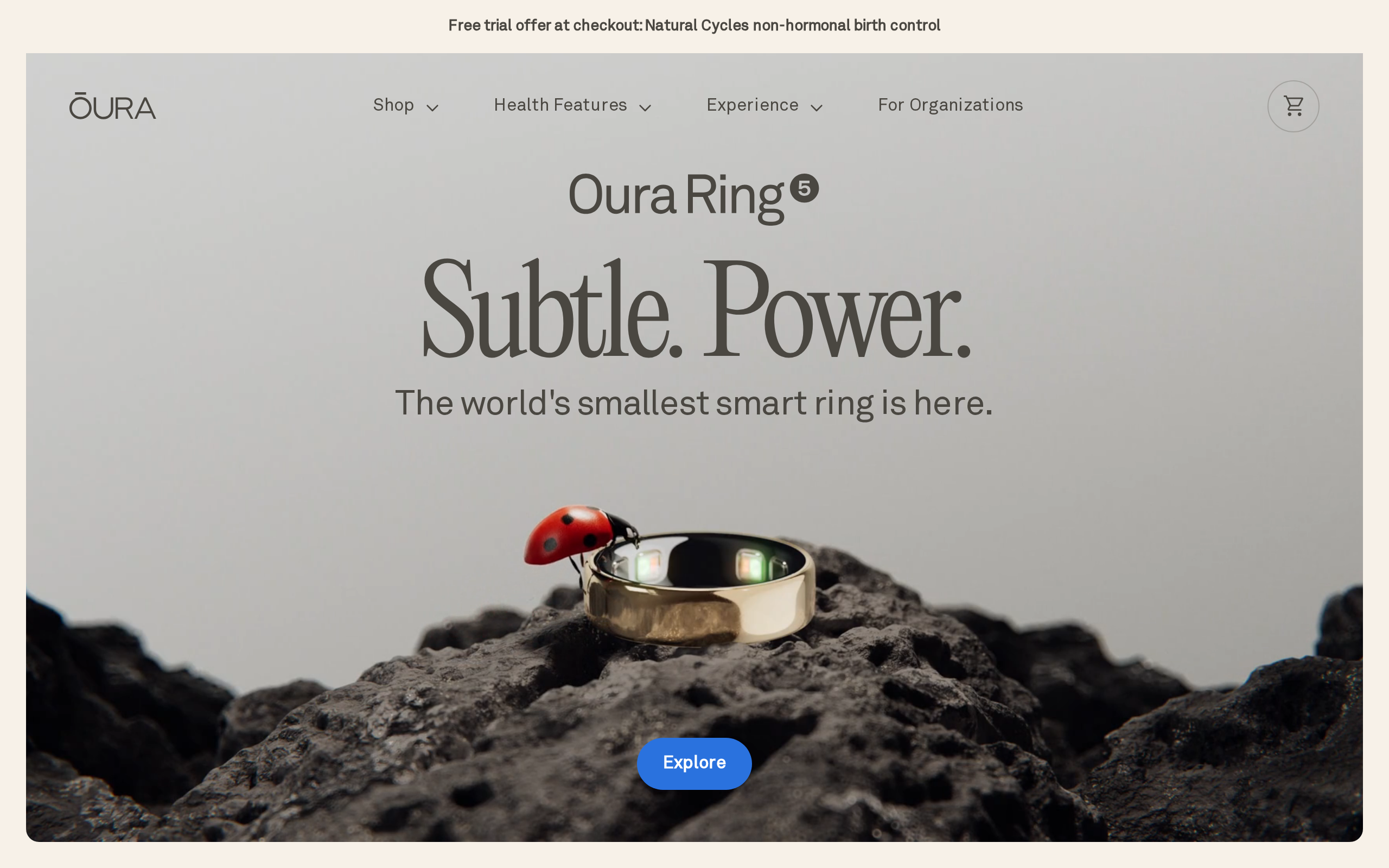 Oura home page with ring and wellness messaging
