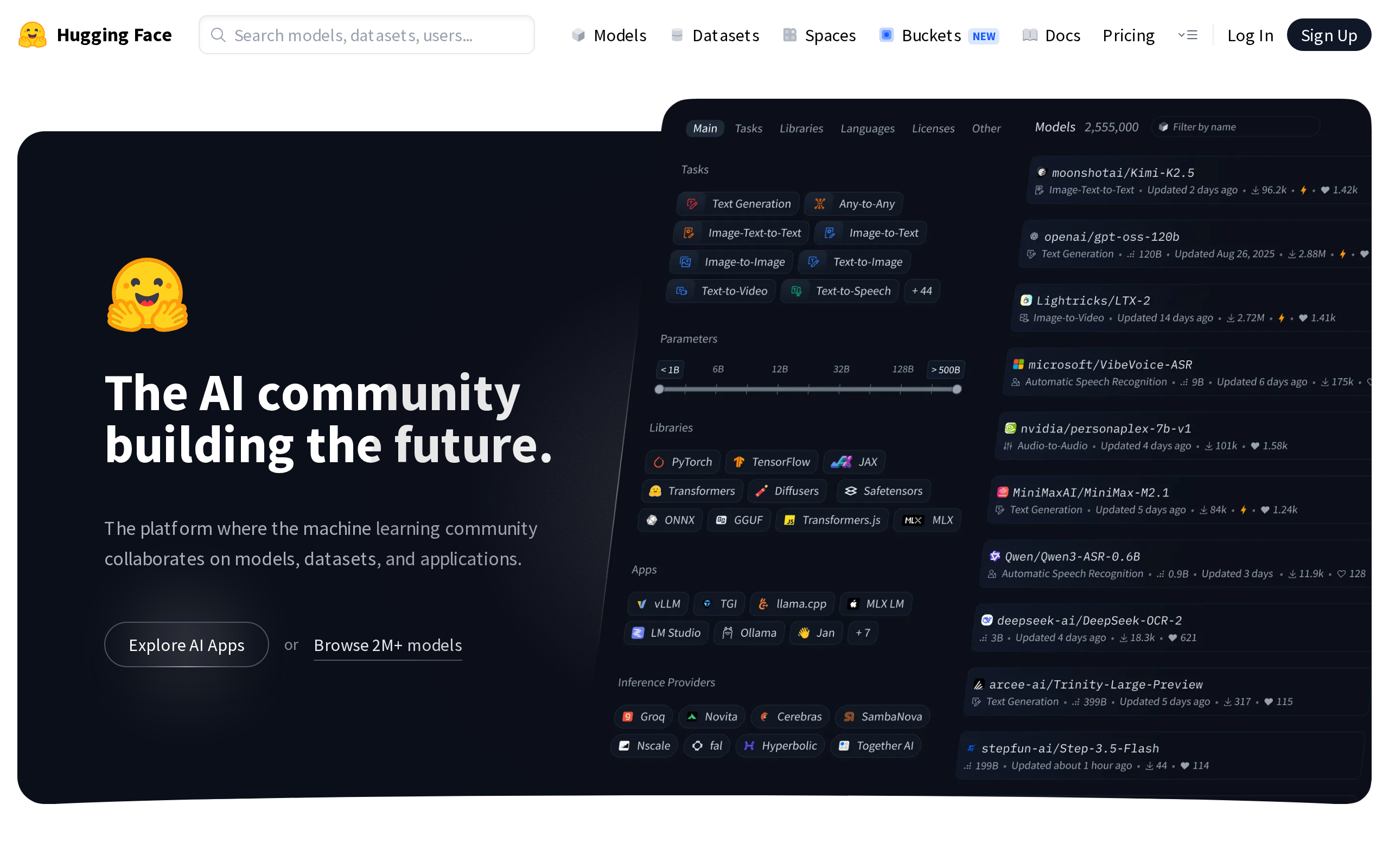 Hugging Face home page showing models, datasets, and machine learning applications