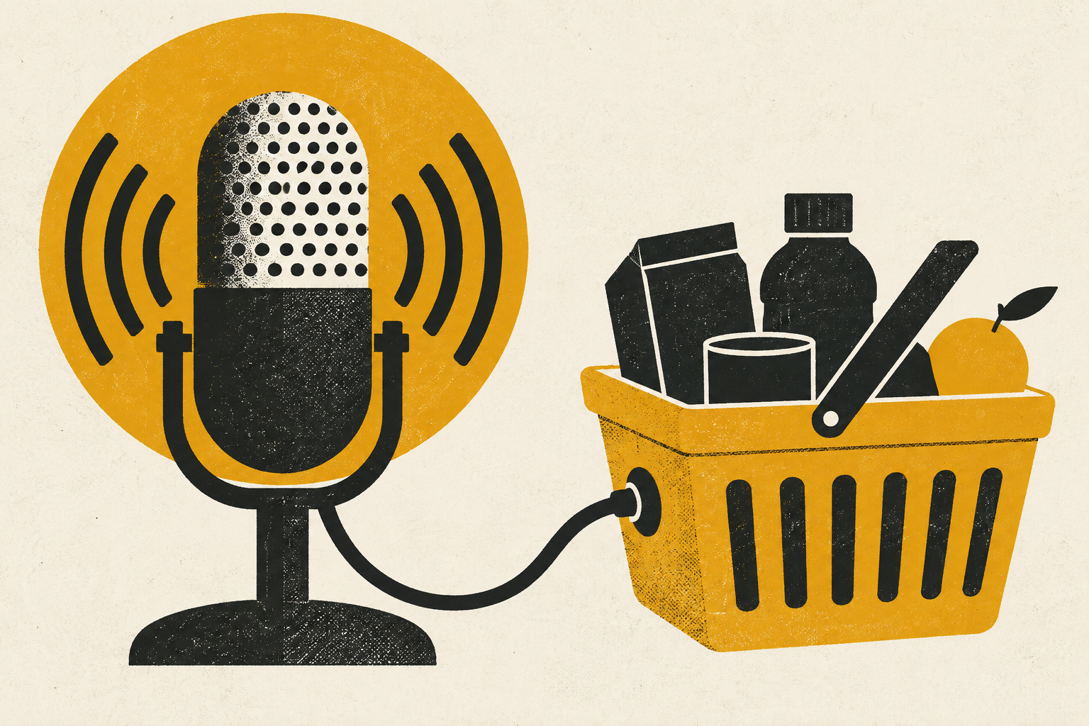 Podcast microphone connected to shopping basket