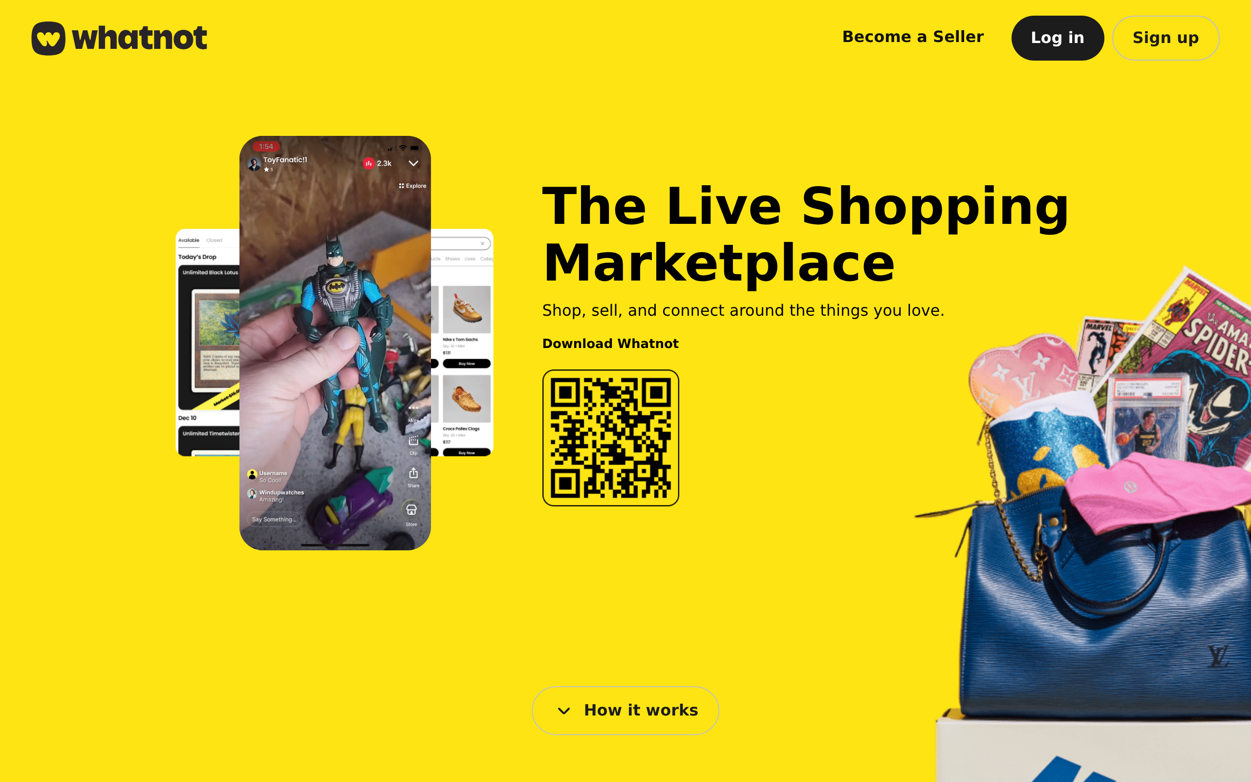 Whatnot home page with live shopping streams and product listings.