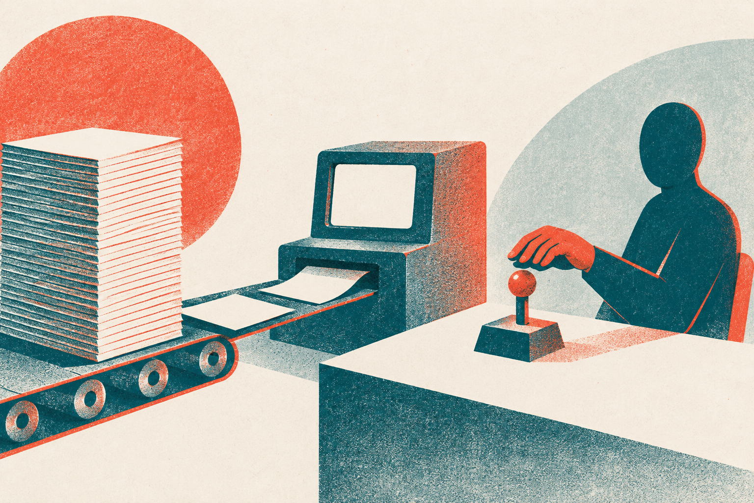 Invoices entering a local computer beside a human approval gate