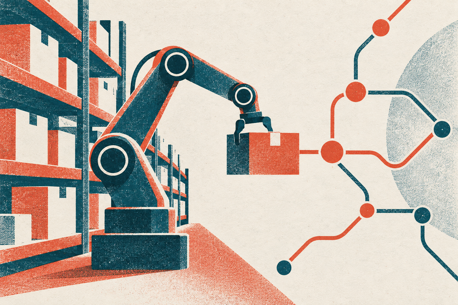 Robotic arm moving a parcel from warehouse shelves toward a route map