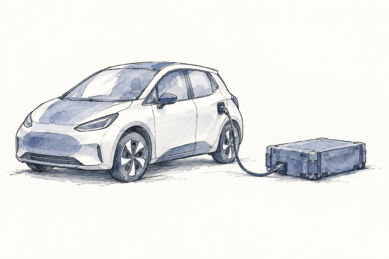 Electric vehicle beside a battery pack and charging cable
