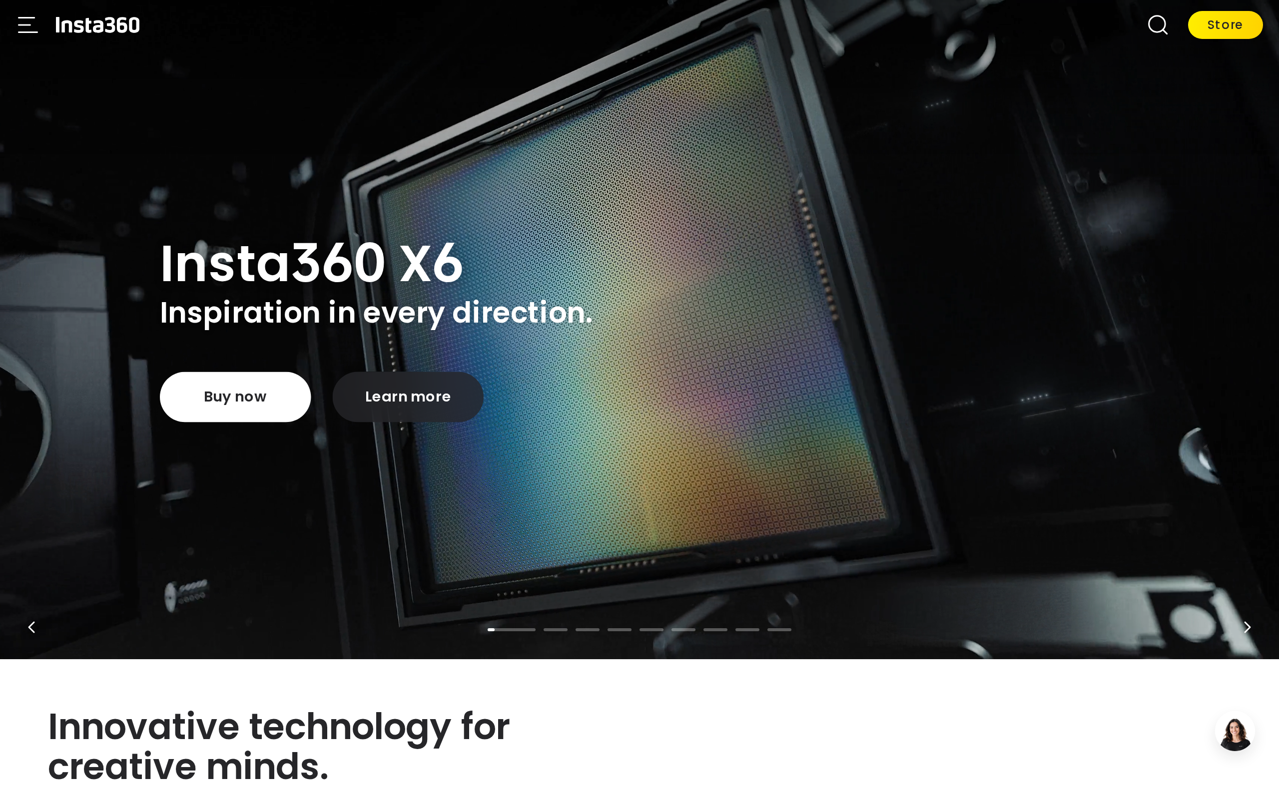 Insta360 home page with camera products and navigation