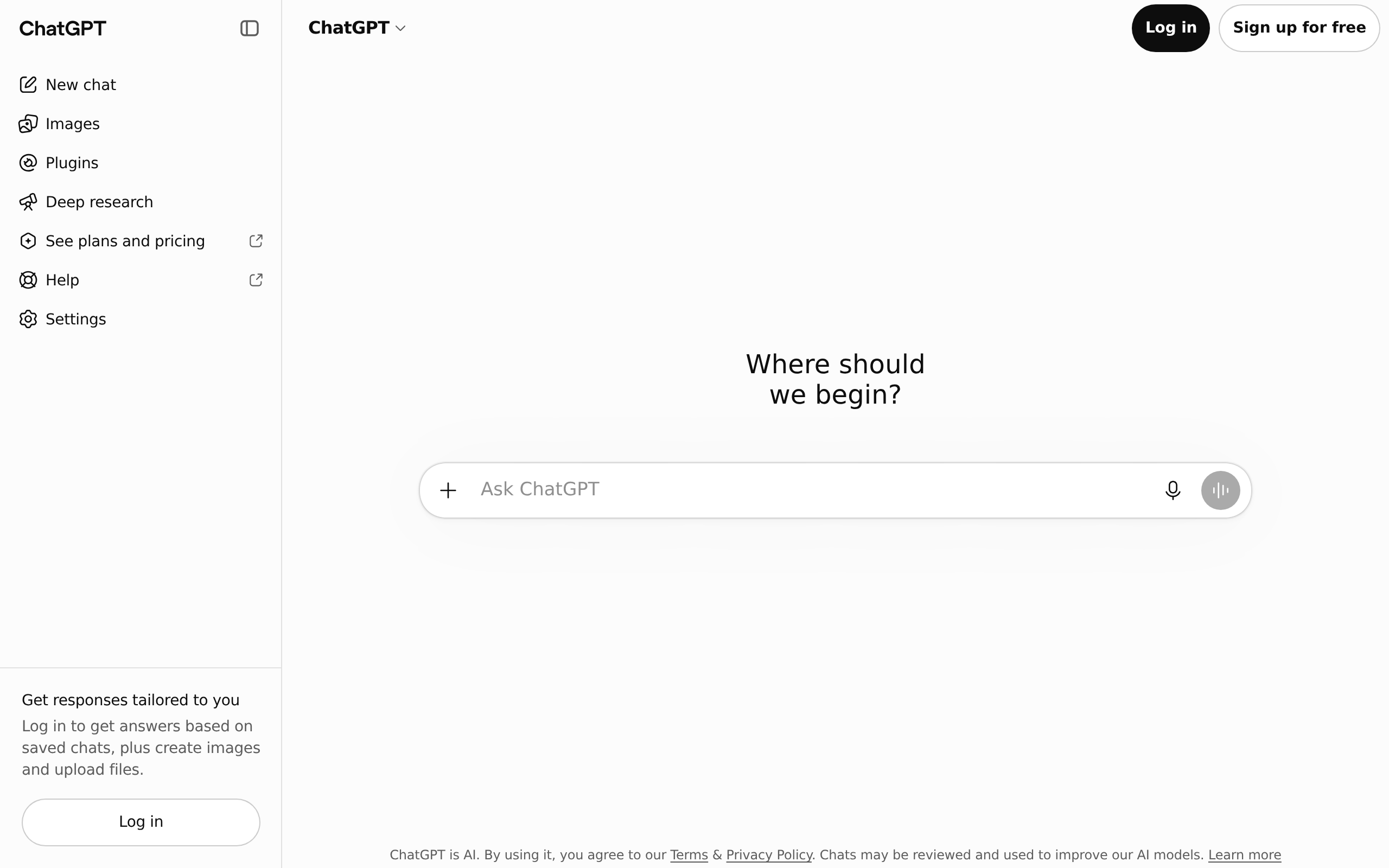 Homepage of ChatGPT with a clean chat input box in the center.