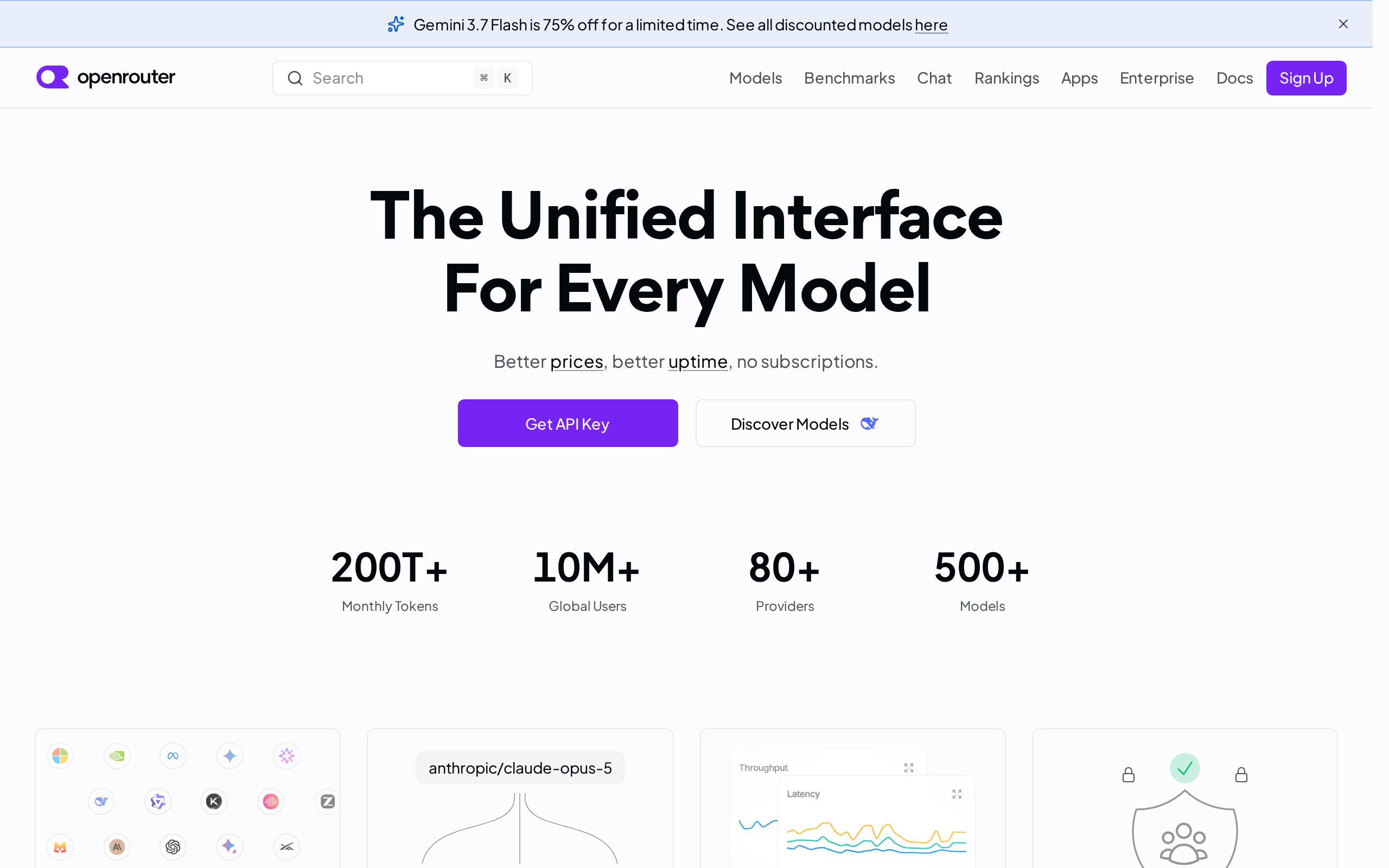 OpenRouter home page showing model access and pricing options.