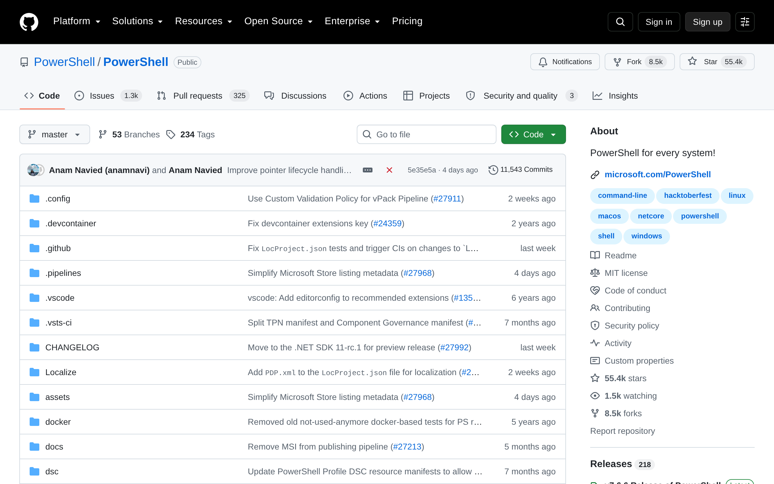 PowerShell home page with project information and documentation links