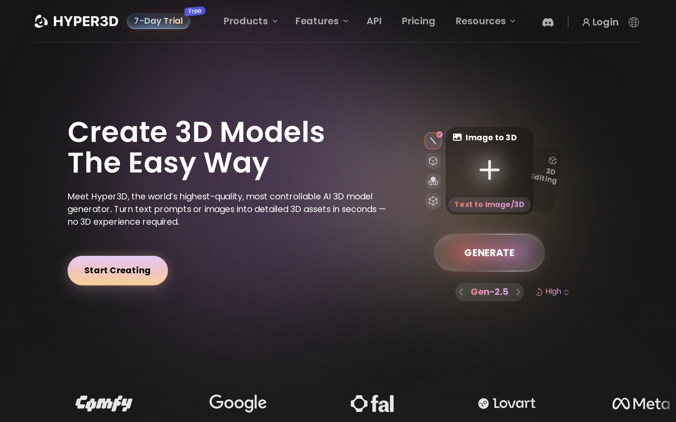 Home page of Deemos Hyper3D Rodin showing generative 3D model tools.