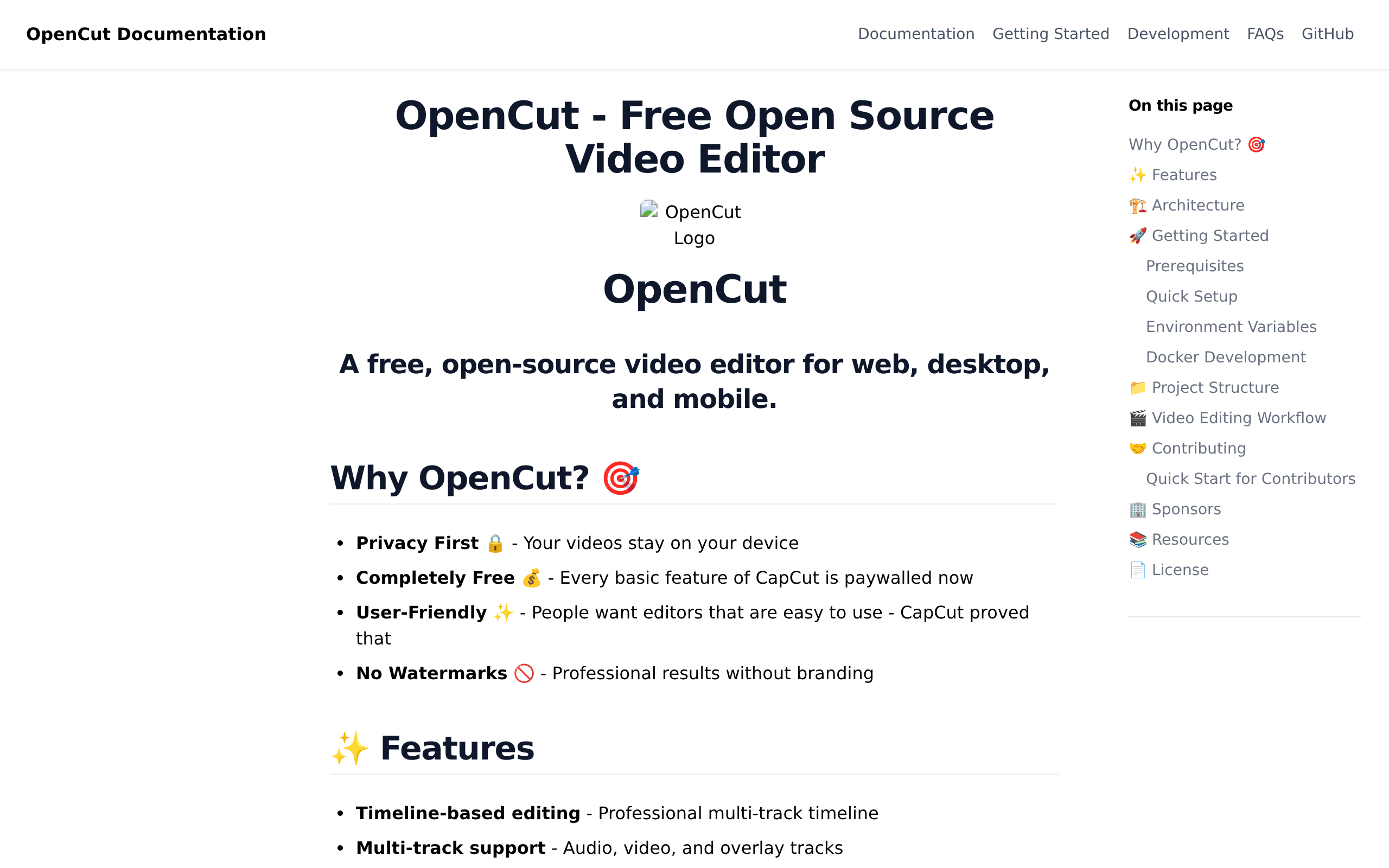 OpenCut home page with video editor features and timeline workflow.