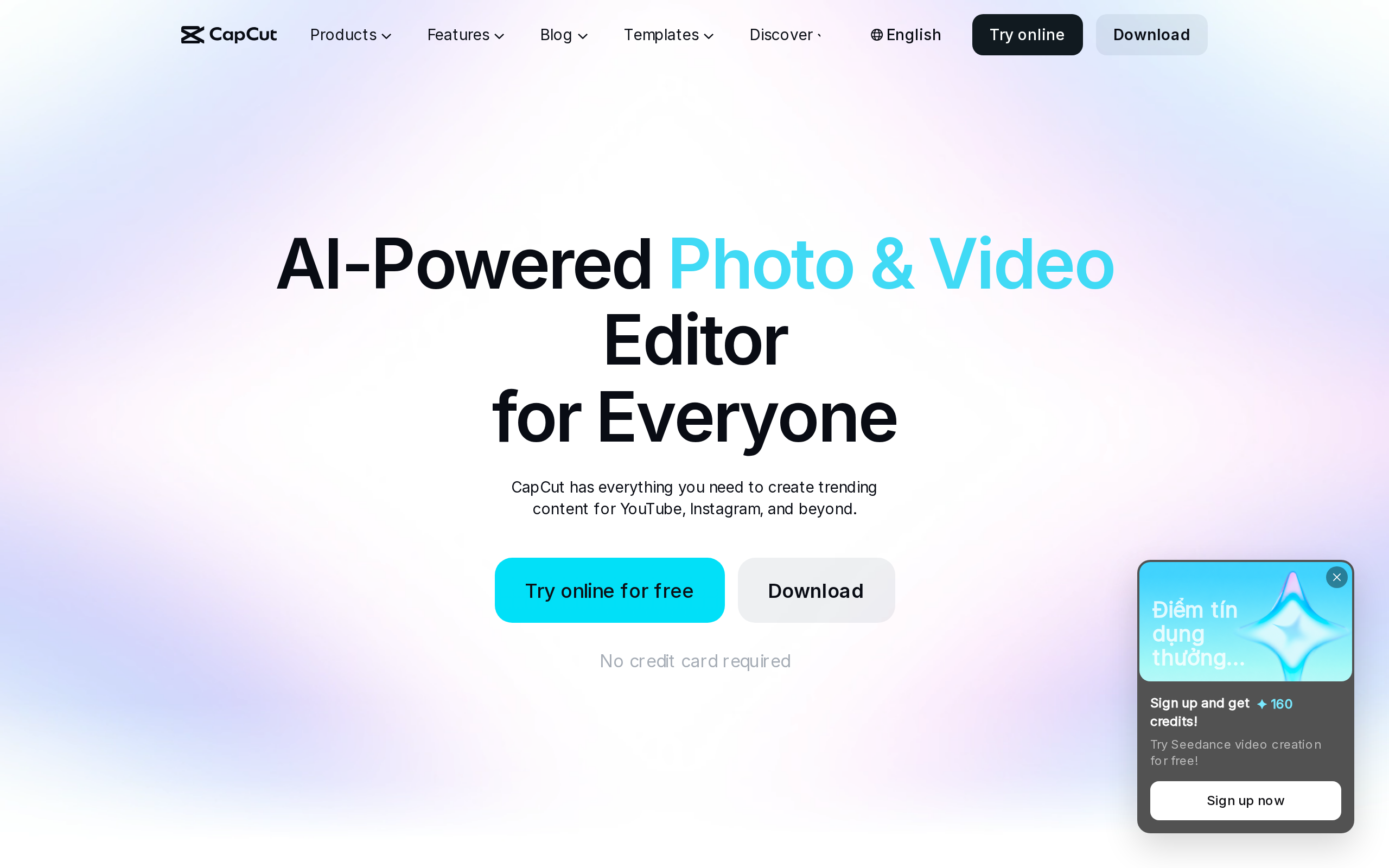 CapCut home page with editing and AI creation options.