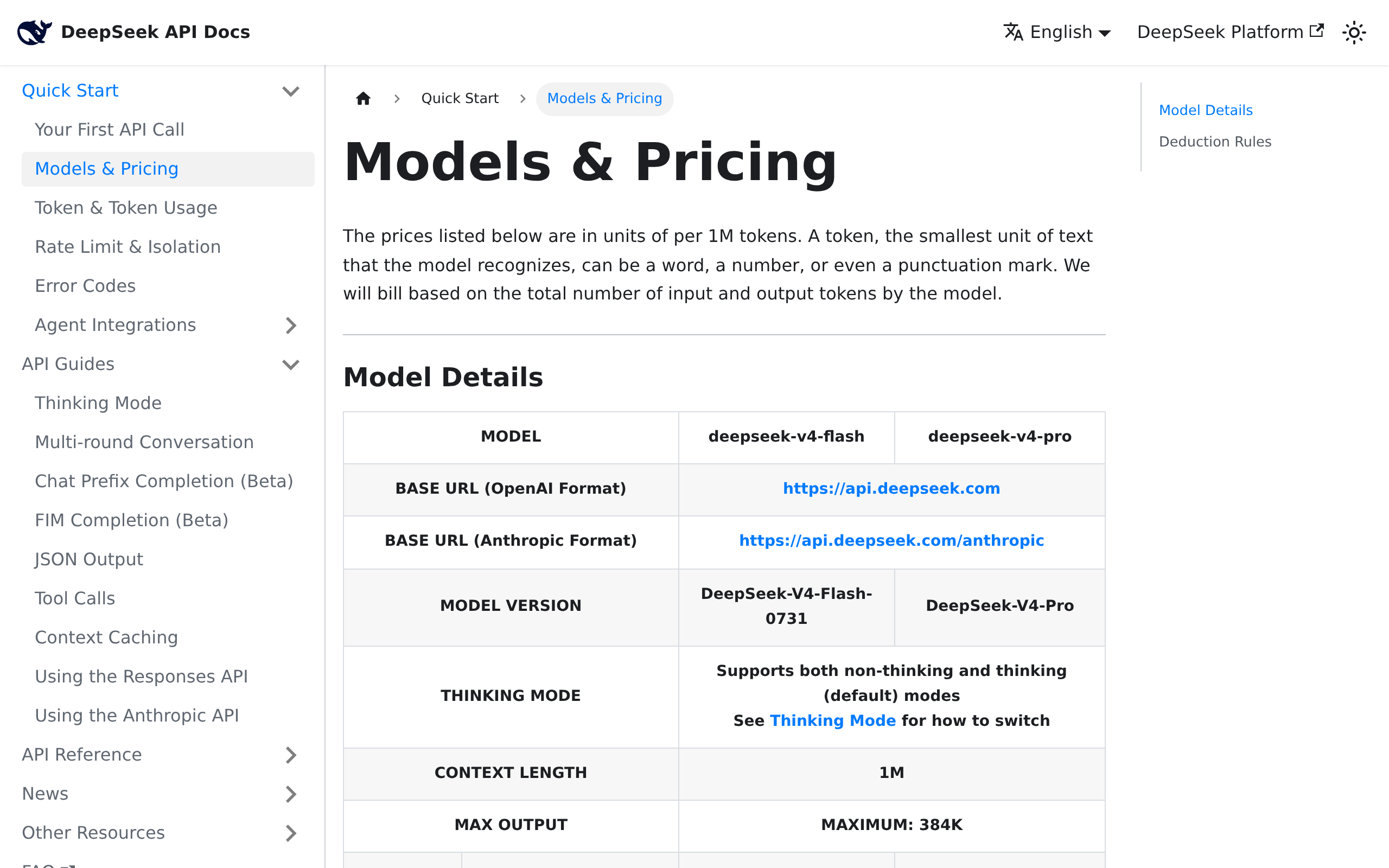 DeepSeek publishes models and prices on one page, with a separate deduction-rules section beside them - the posted rate per million tokens is only where the bill starts.