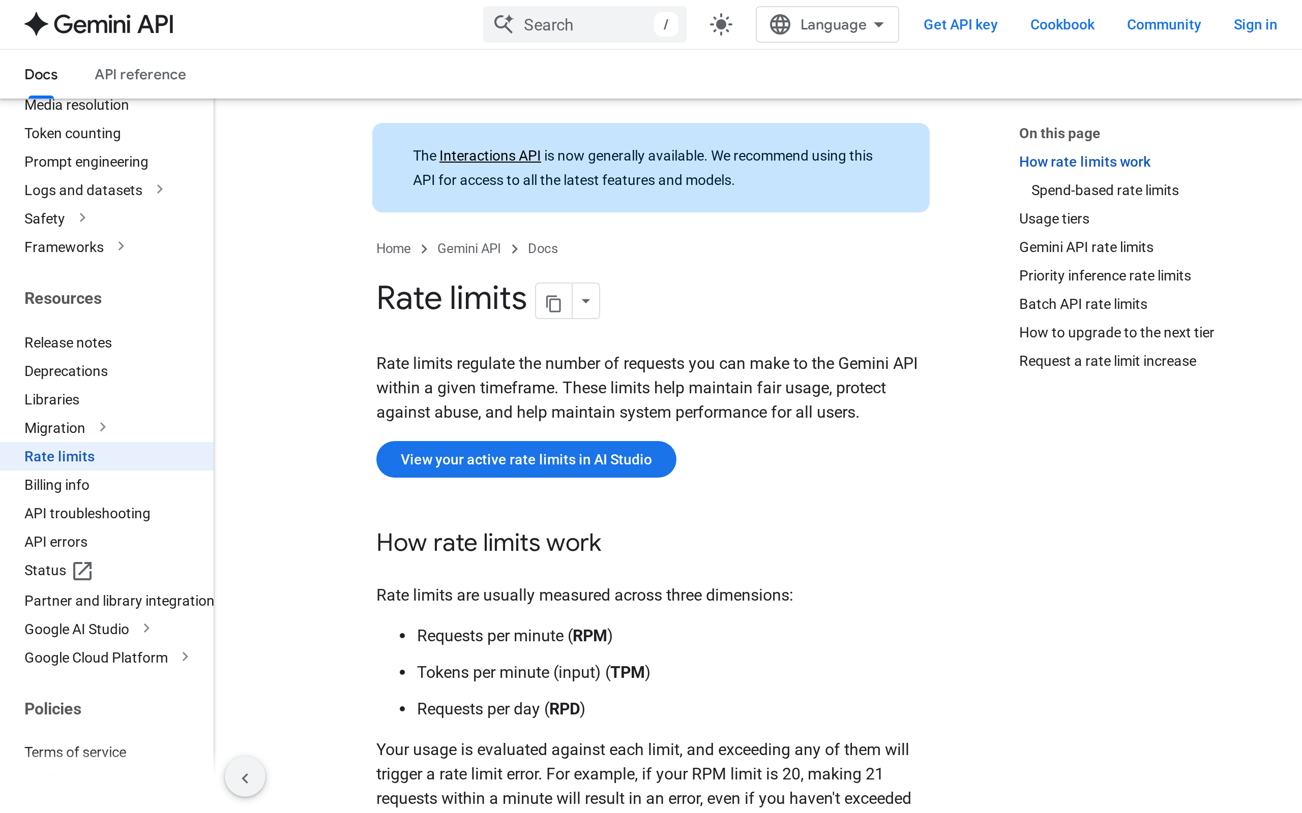 Google measures Gemini API limits in three dimensions at once - requests per minute, tokens per minute and requests per day - so a quota can be generous in one and binding in another.