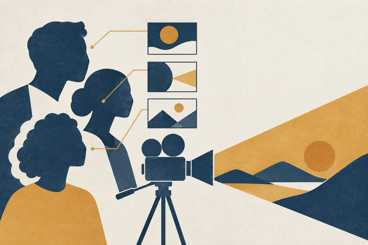Reference portraits linked to storyboard panels beside a video camera