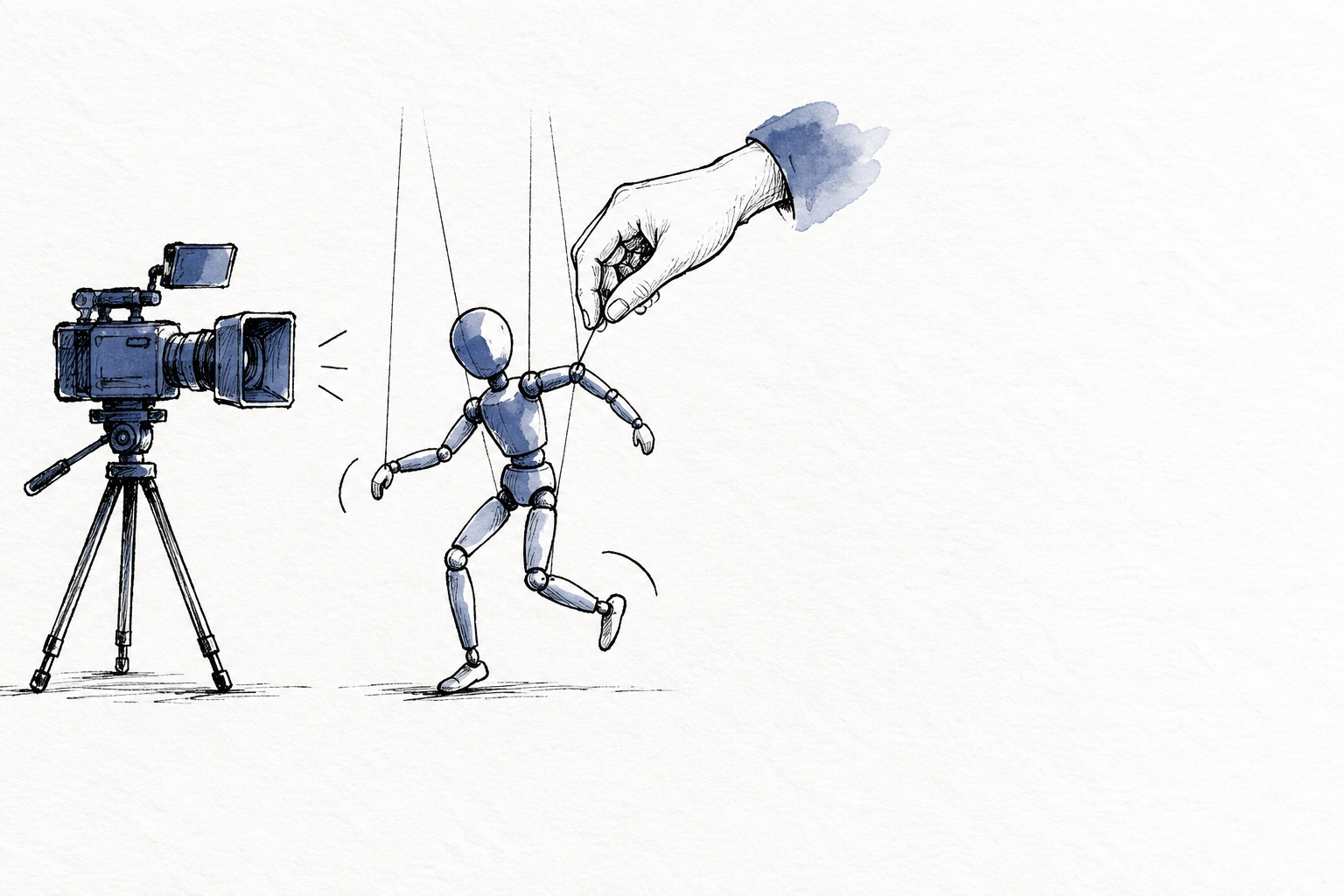 A camera feeds a moving puppet while a hand redirects it