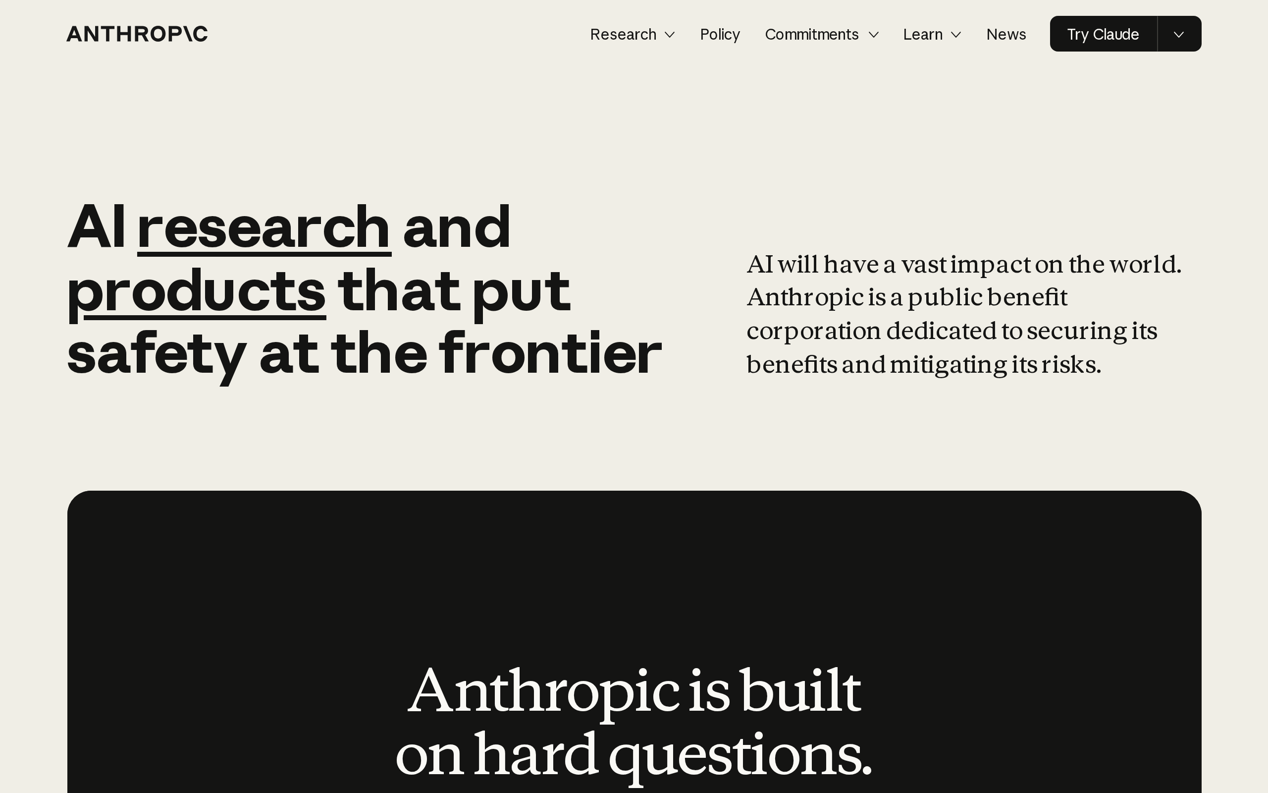 Anthropic home page with product information and updates