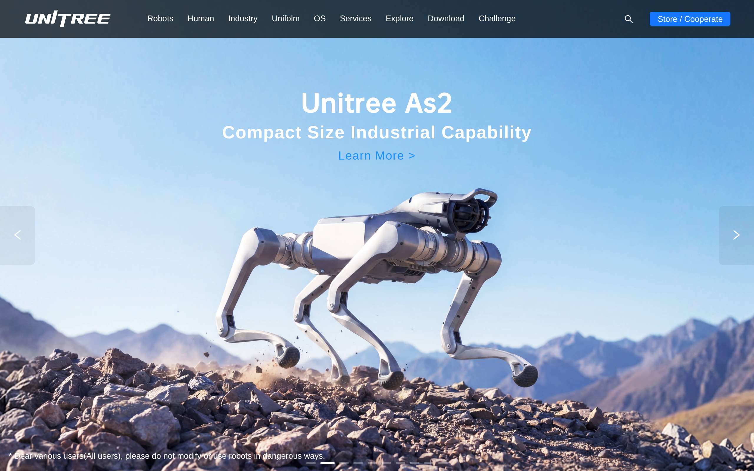 Unitree home page showing robot products and navigation.