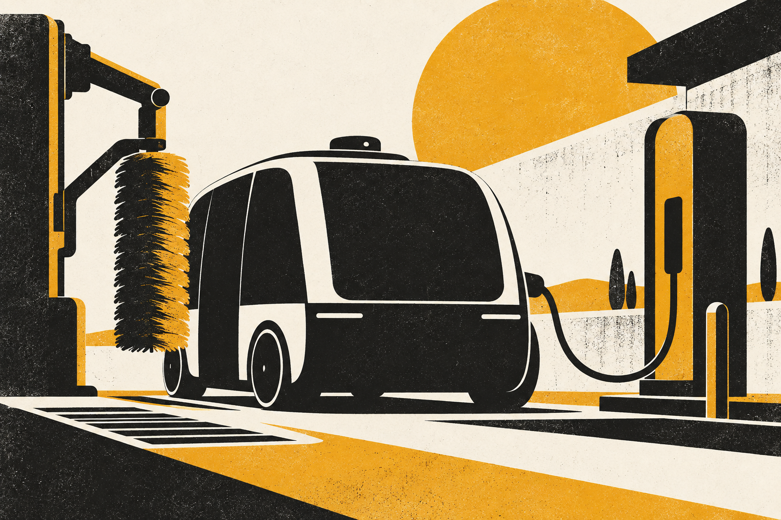 Driverless cabin beside cleaning and charging equipment