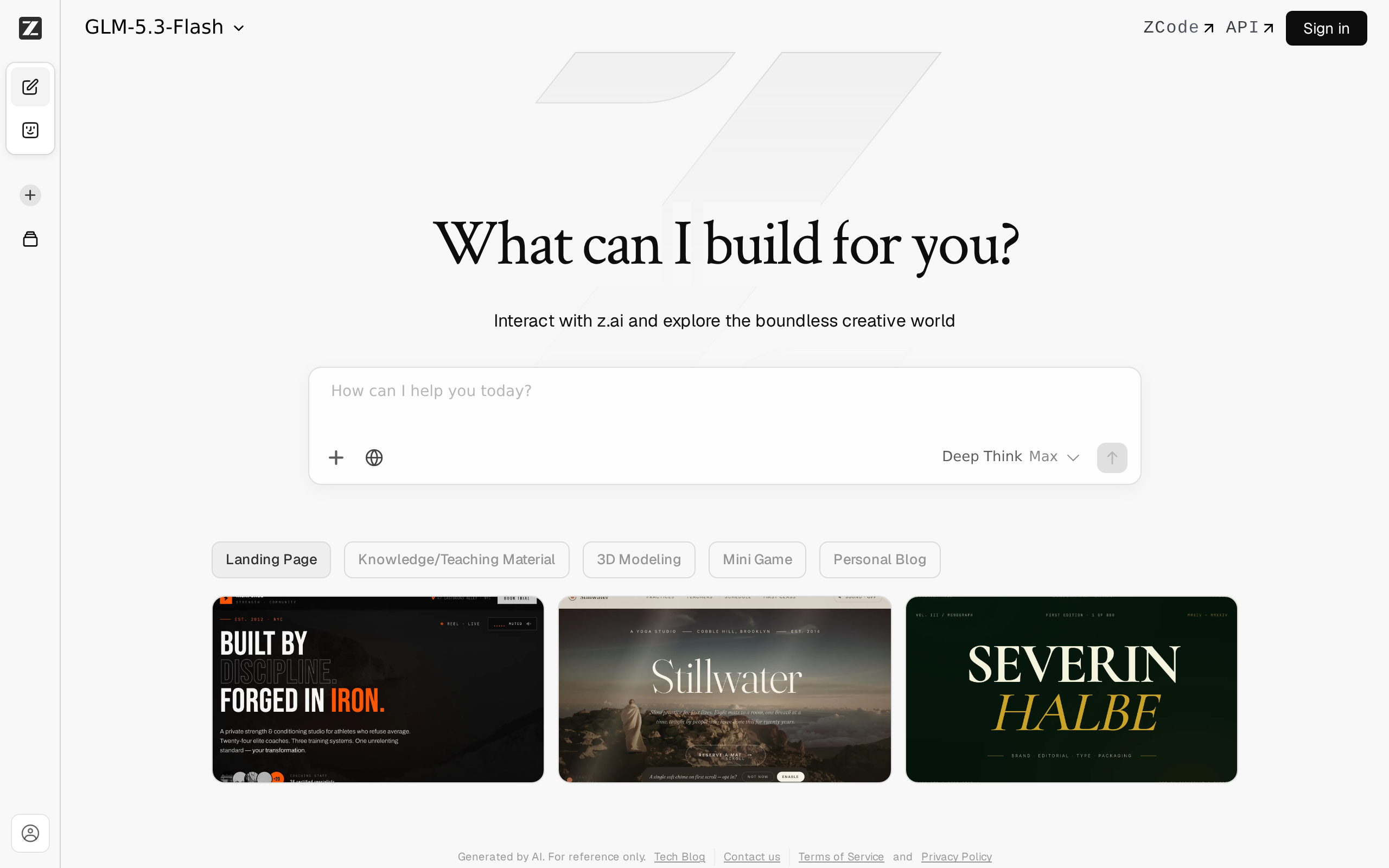 The Z.ai home page for its AI services and coding tools