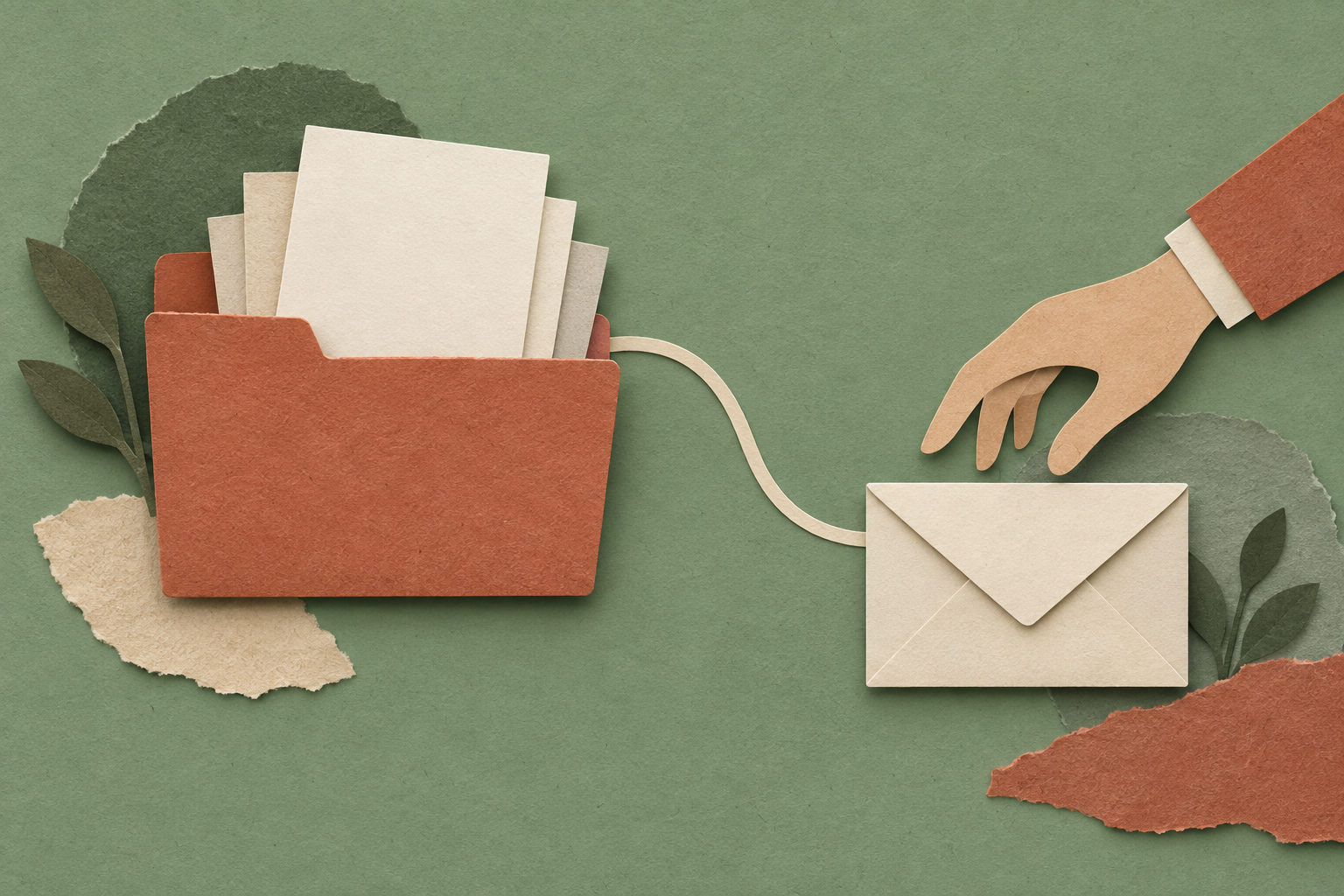 Meeting papers connected to a hand paused above a sealed envelope