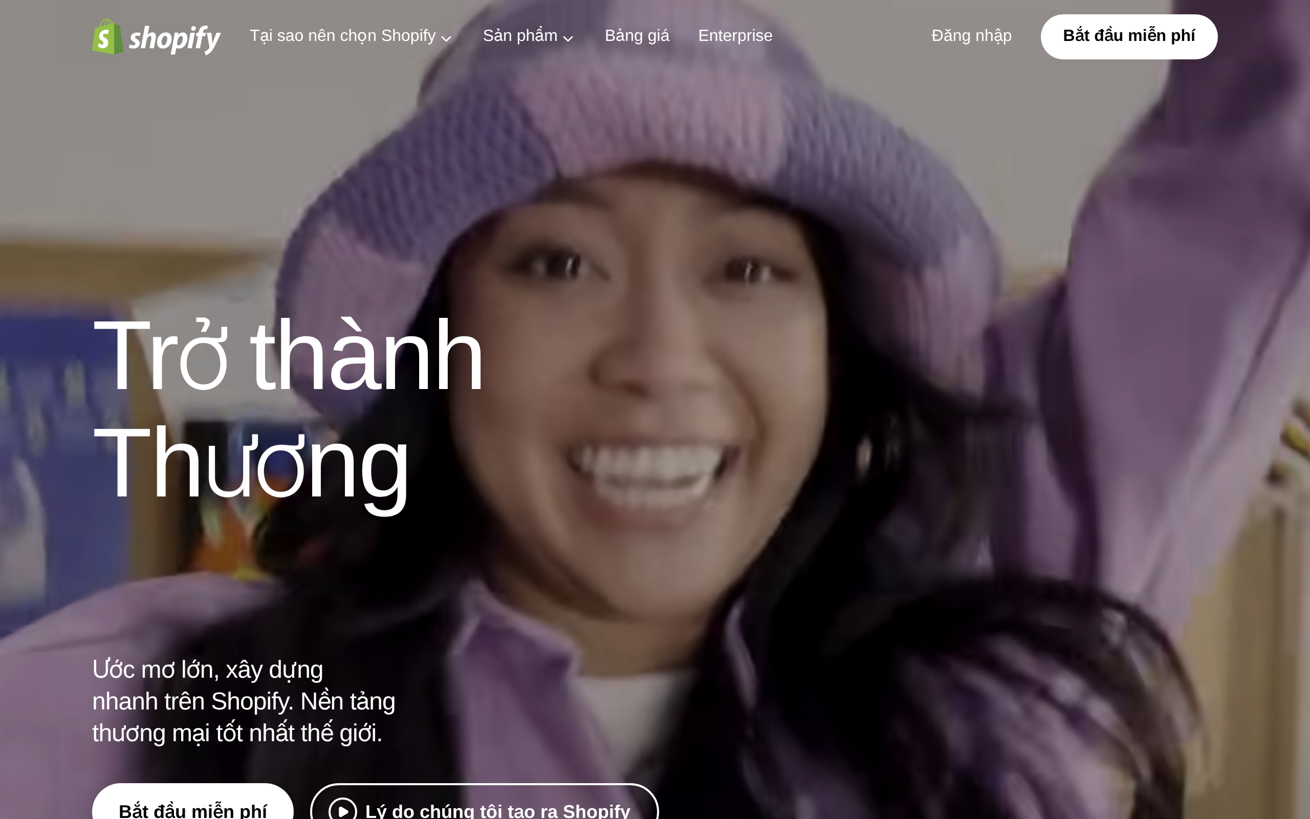 Shopify home page layout with platform features and merchant sign-up options