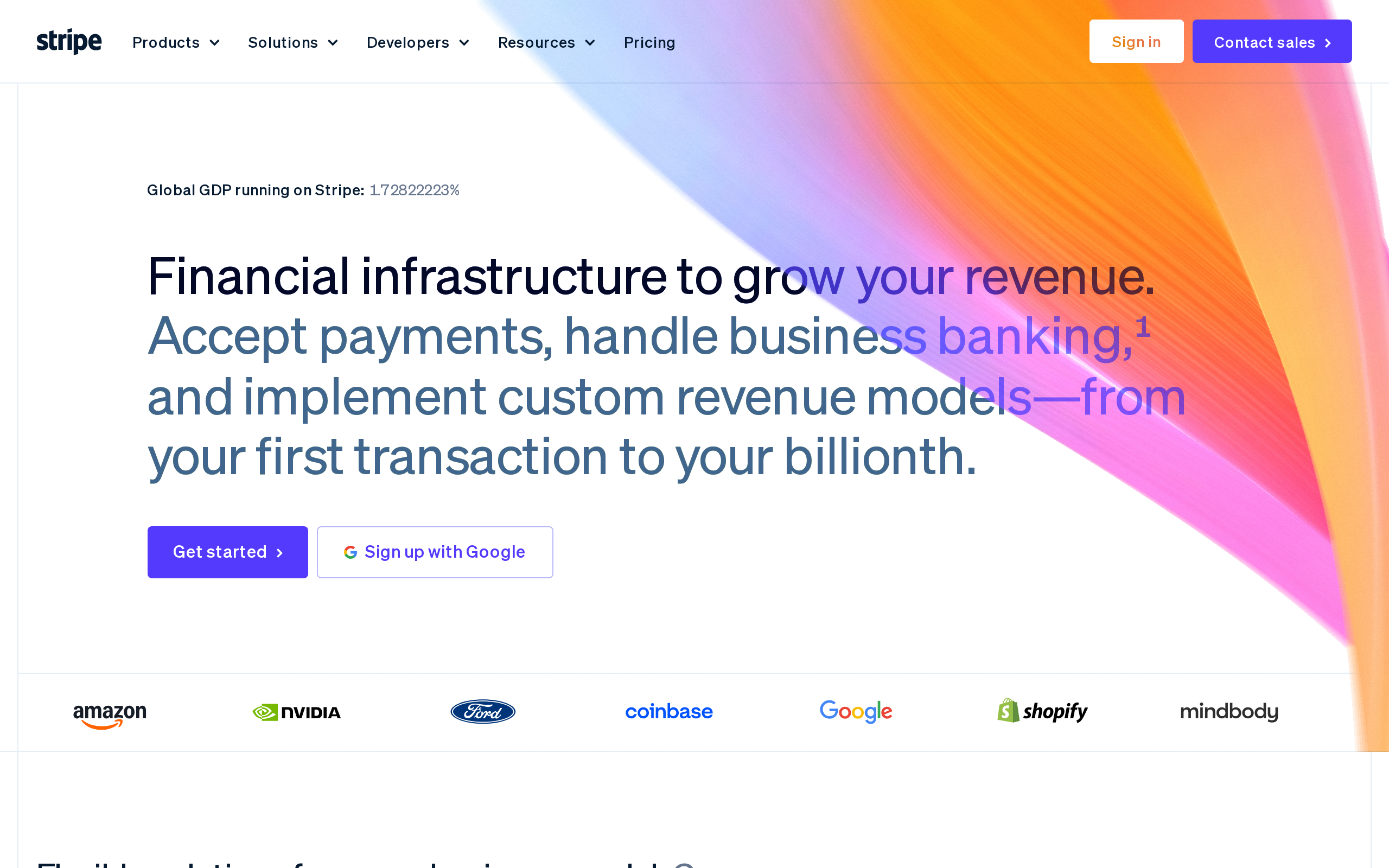 Stripe home page showing financial infrastructure options and payment developer tools