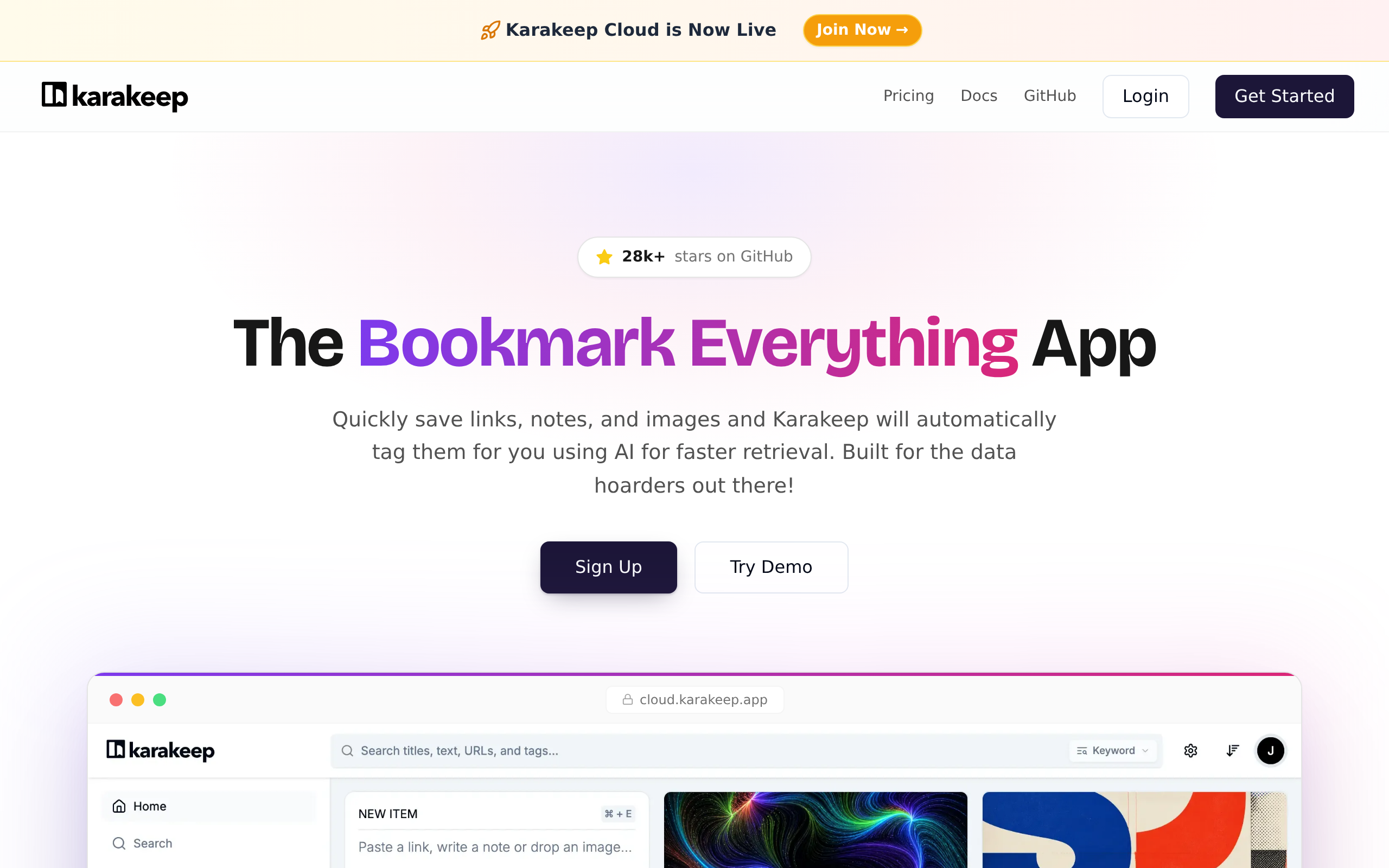 Karakeep home page for saving web content