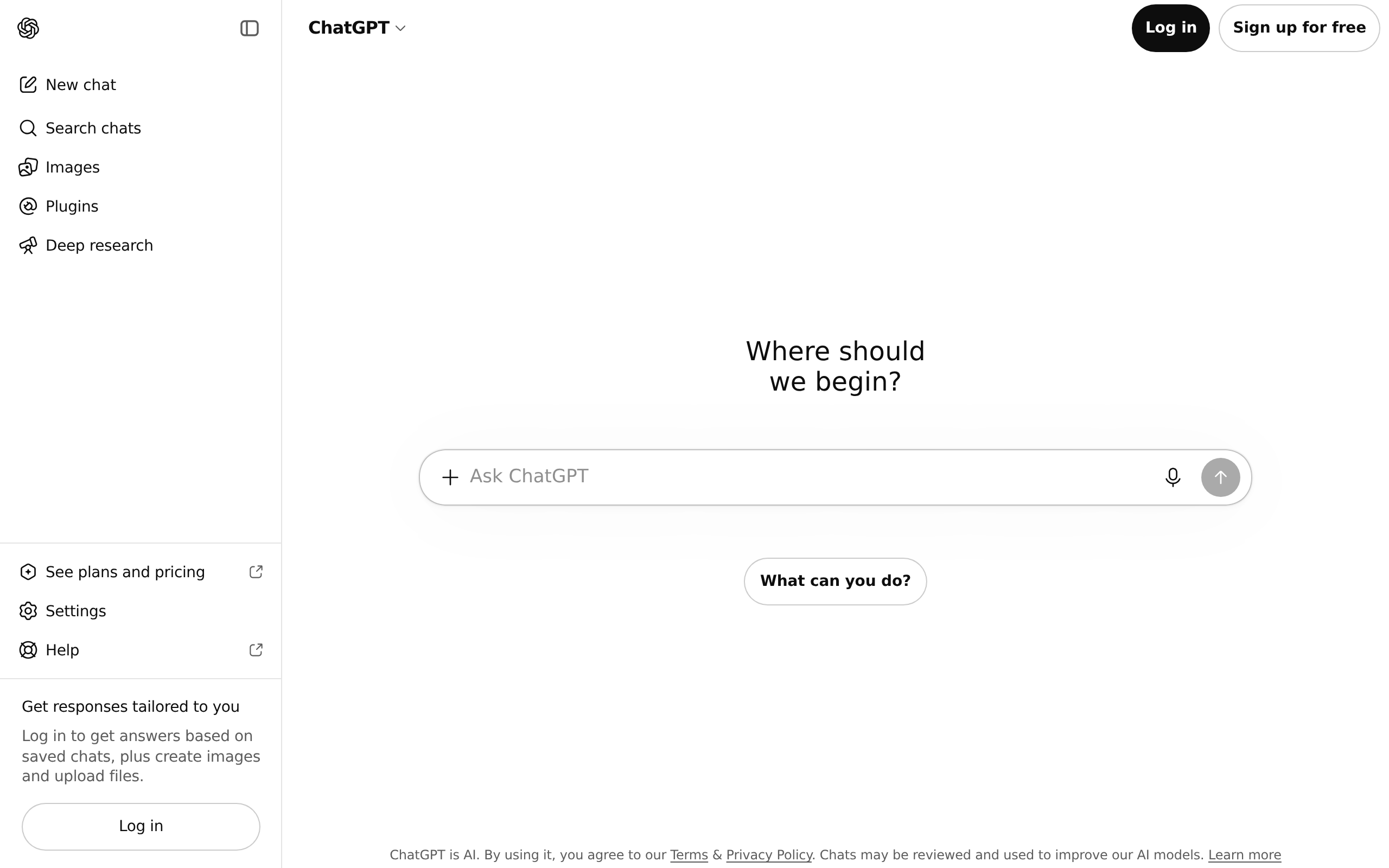 ChatGPT home page with a prompt field for starting a conversation