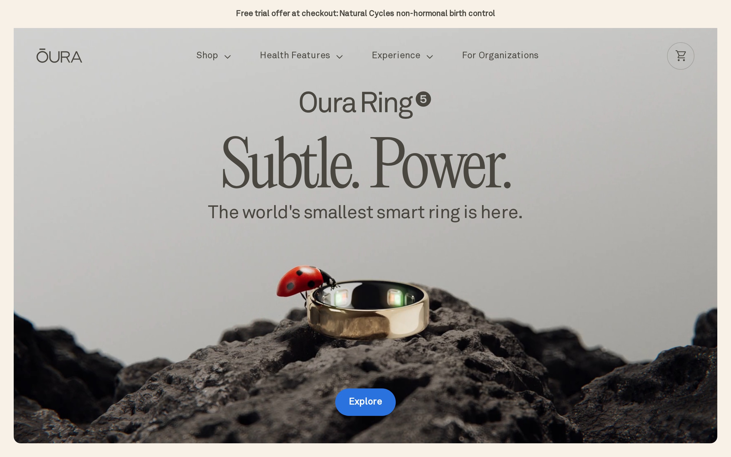 Oura home page showing a ring and wellness tracking messaging