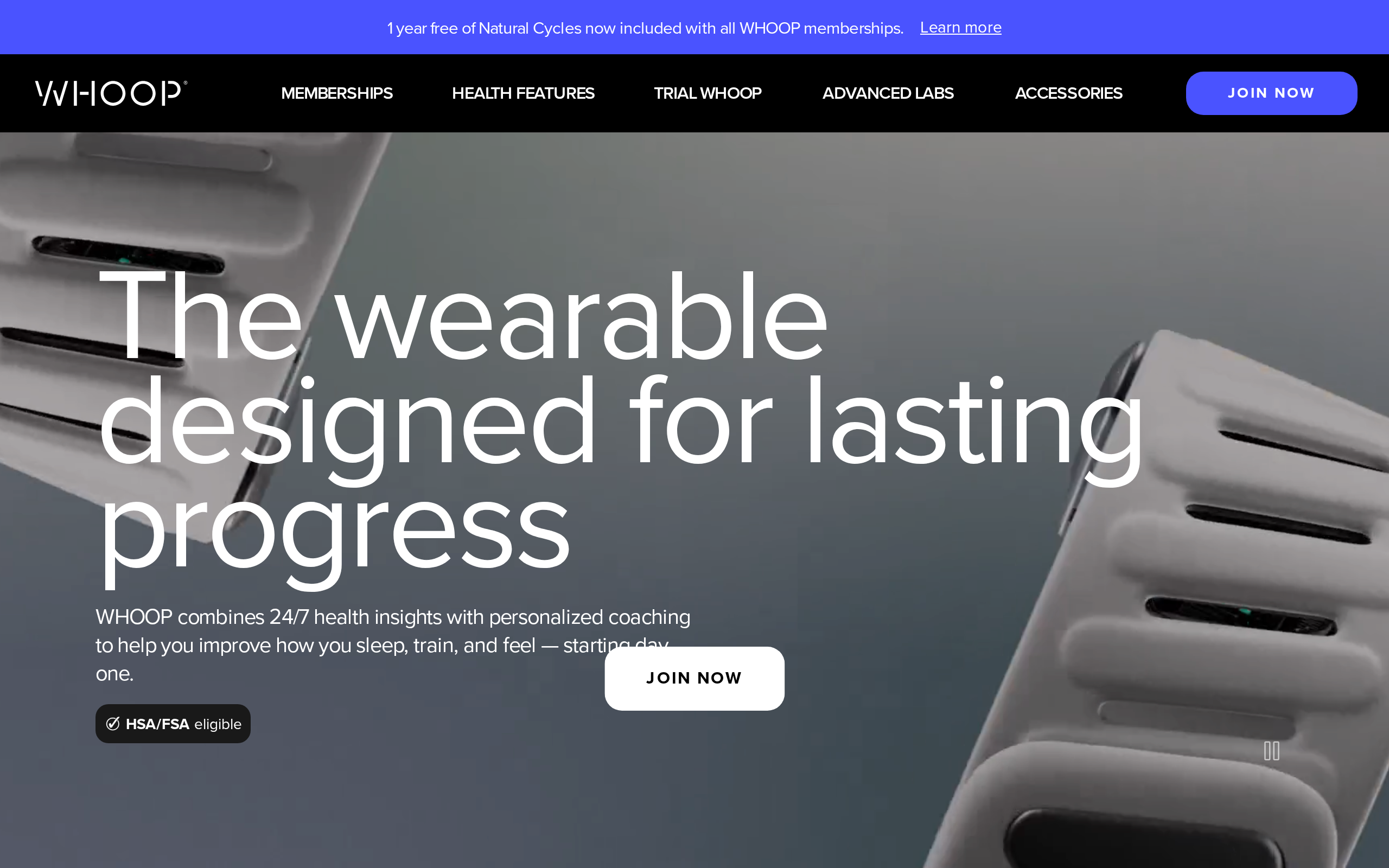 WHOOP home page showing a wearable band and health tracking messaging