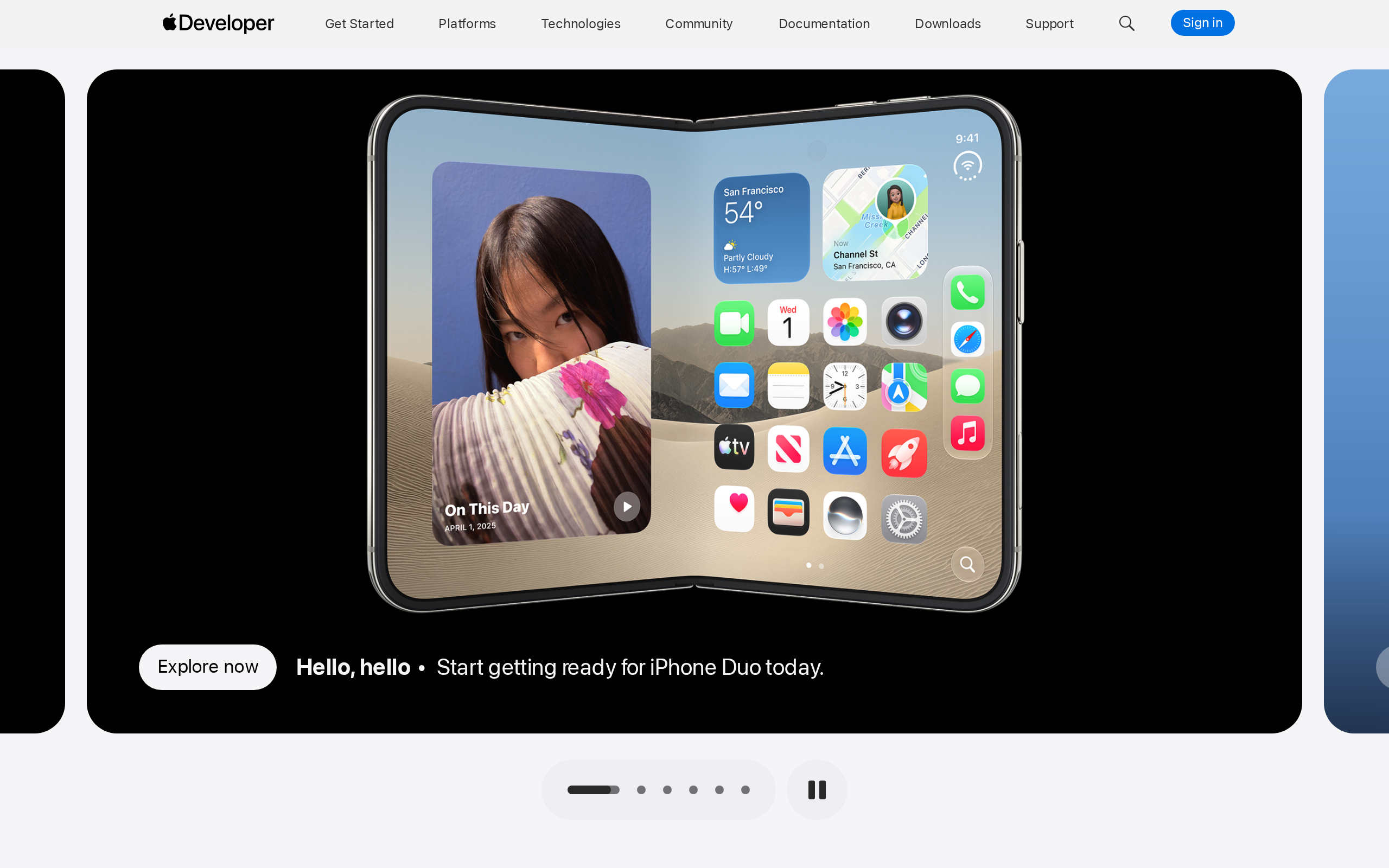 Apple developer homepage with software development resources