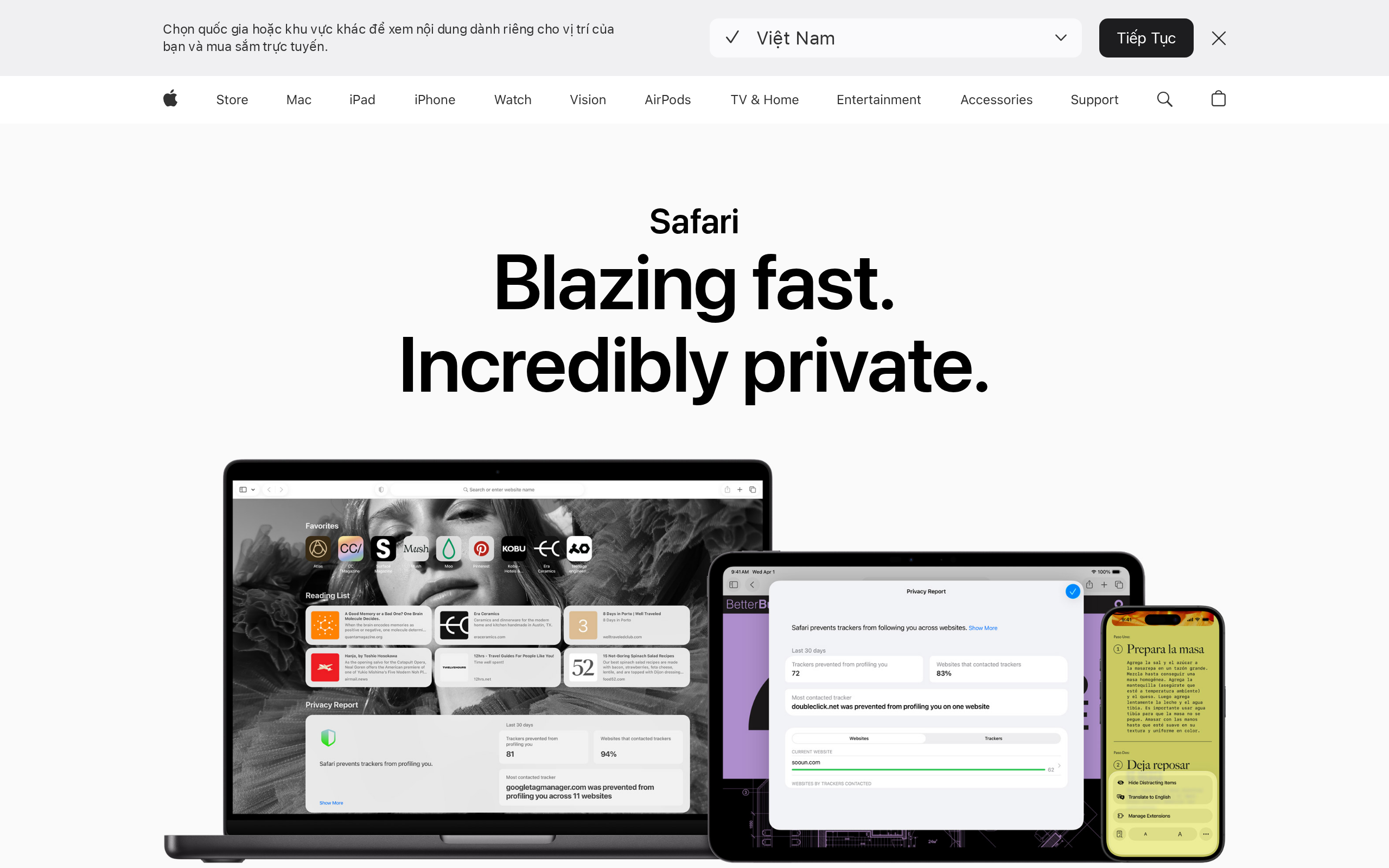 Safari home page showing browser features and privacy messaging