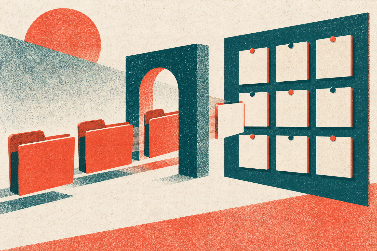Folders pass through a gate into a shared project board.