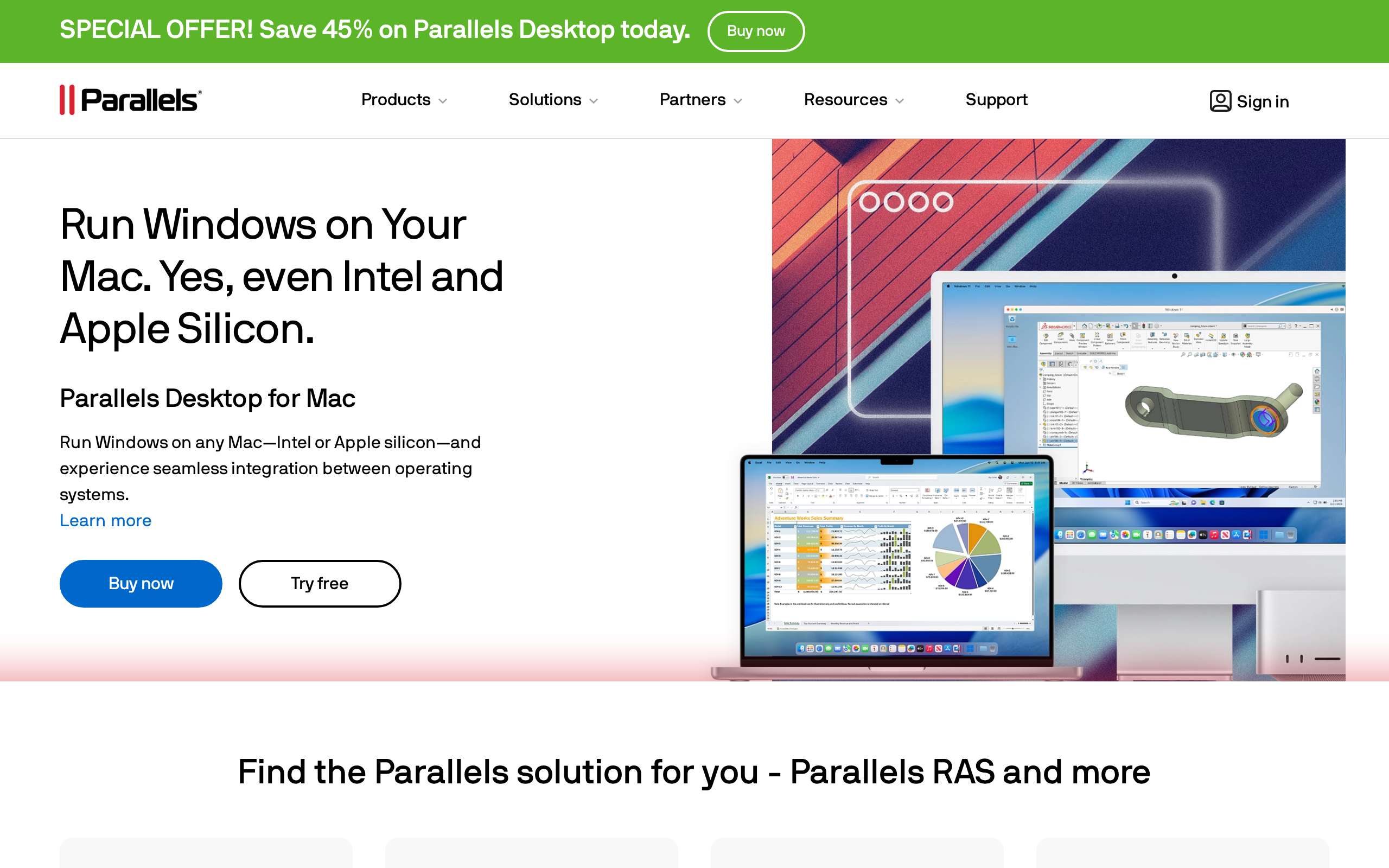Parallels home page with virtualization products and download links